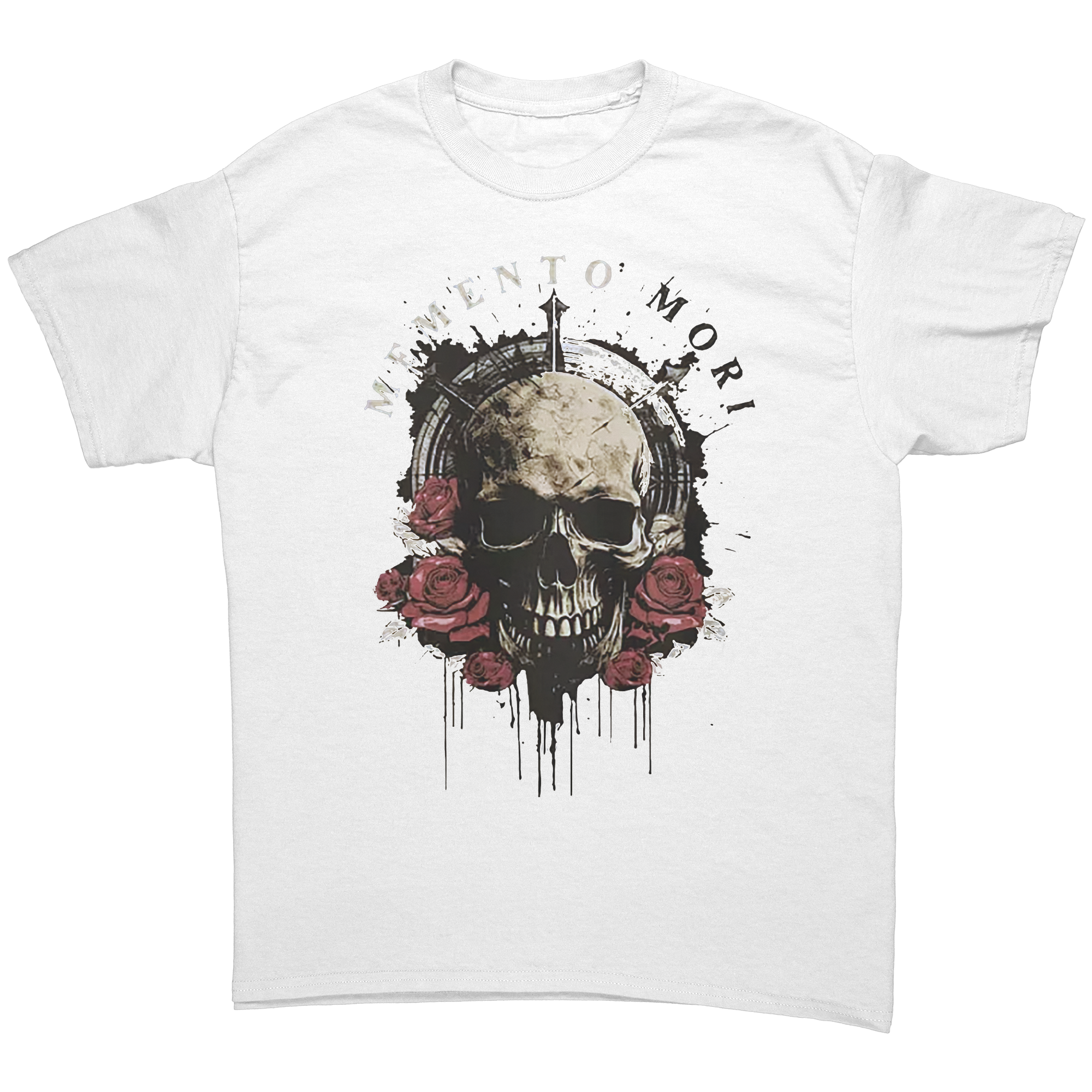 Memento Mori Life Motto Apparel graphic tee featuring a skull and roses design.