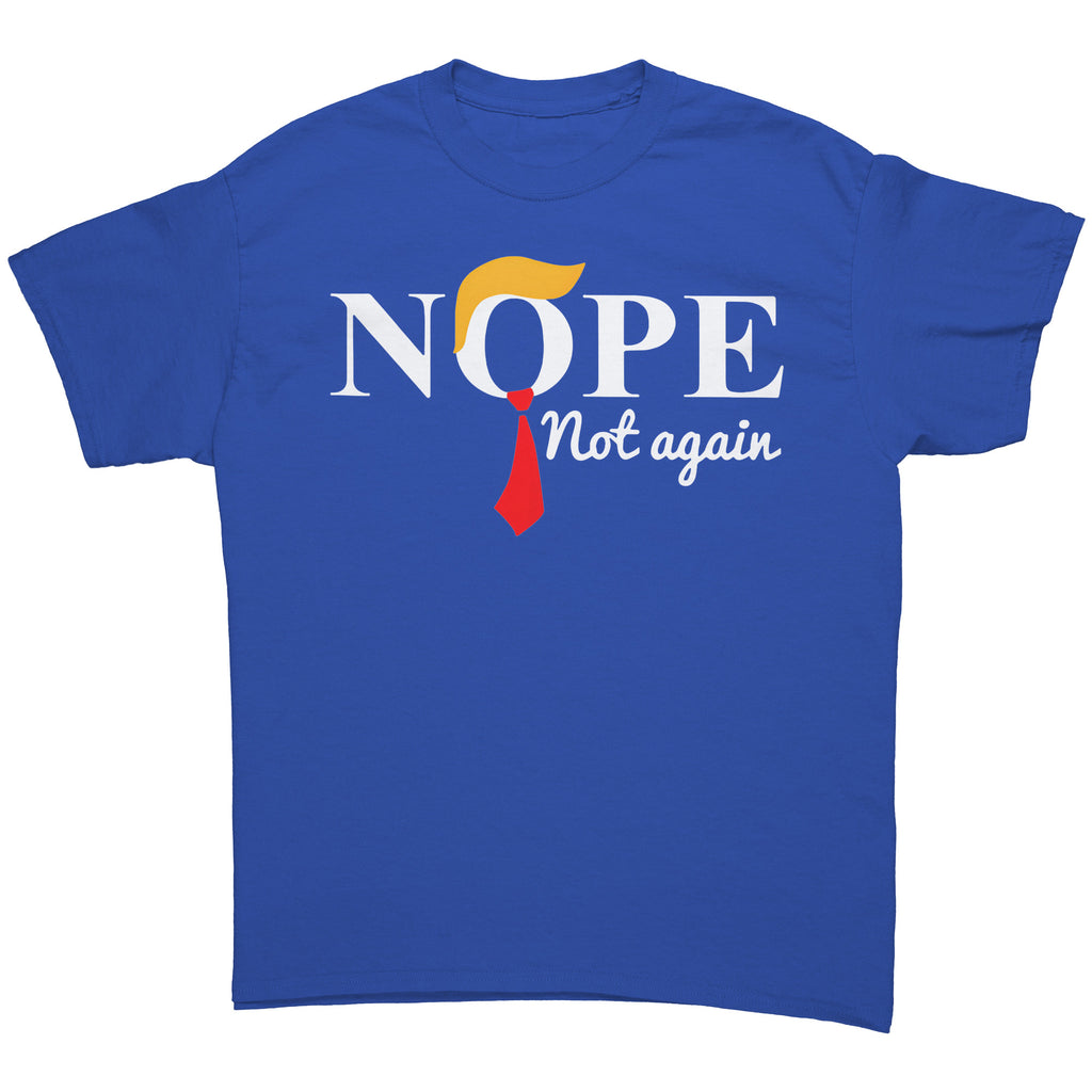 Nope Not Again Trump Hair & Tie graphic tee in blue with Trump-inspired hair and tie design.