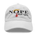 Nope - Not Again With Hair and Tie white cap featuring bold text and a red tie design.