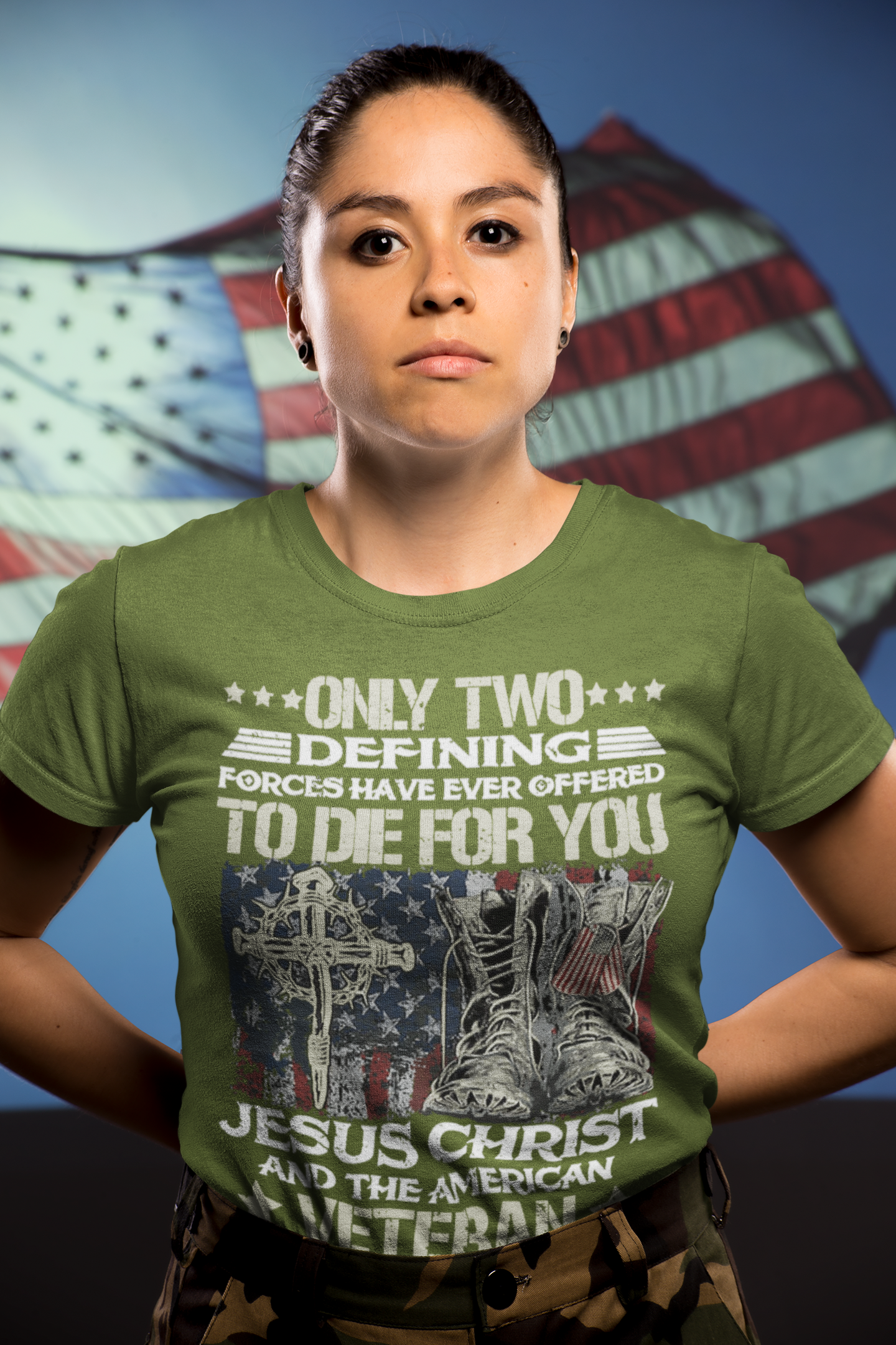Honor Jesus Christ and American Veterans t-shirt worn by a woman in front of an American flag background.