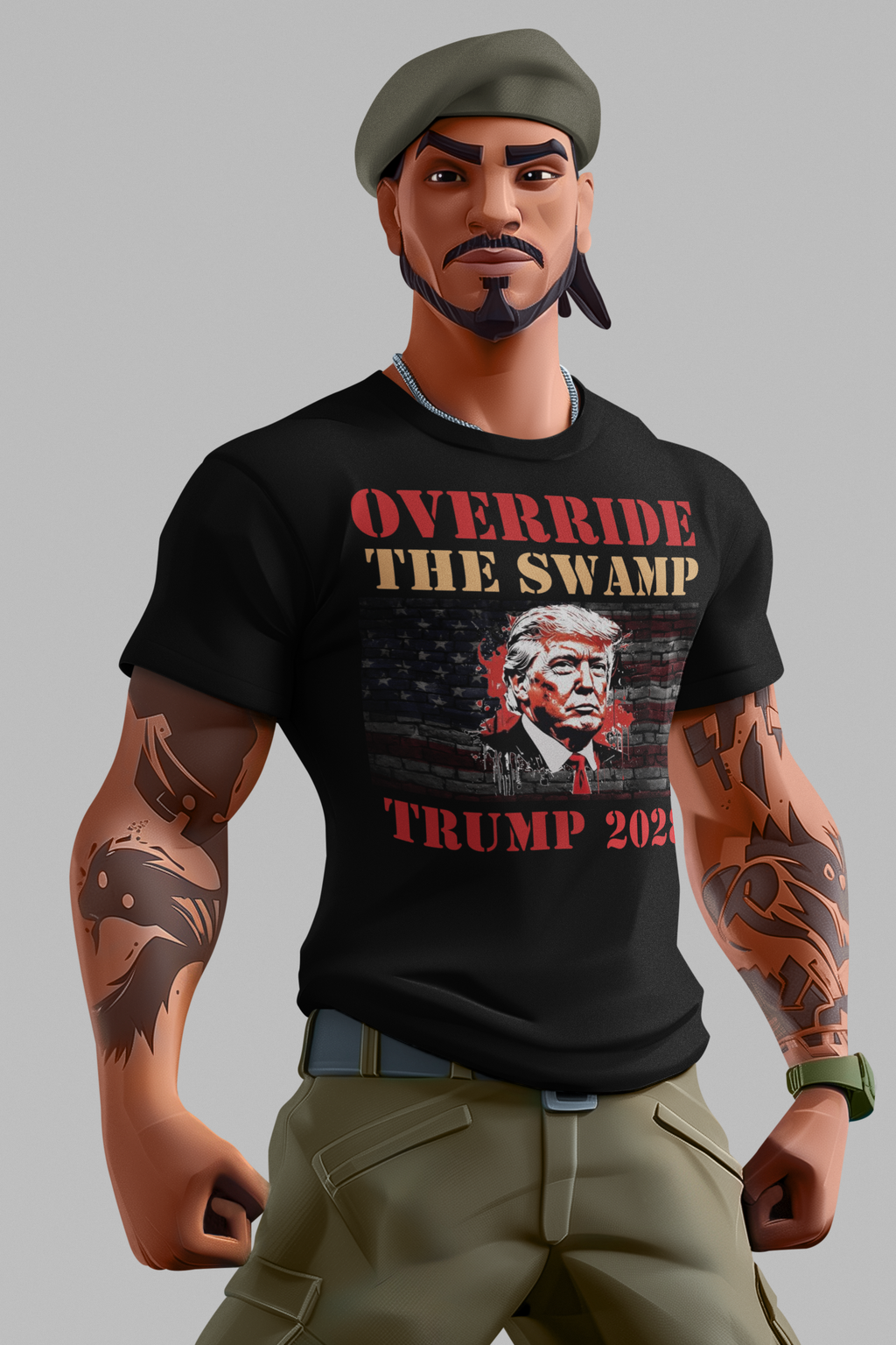 Override The Swamp Trump 2028 Graphic t-shirt featuring bold design and political messaging.