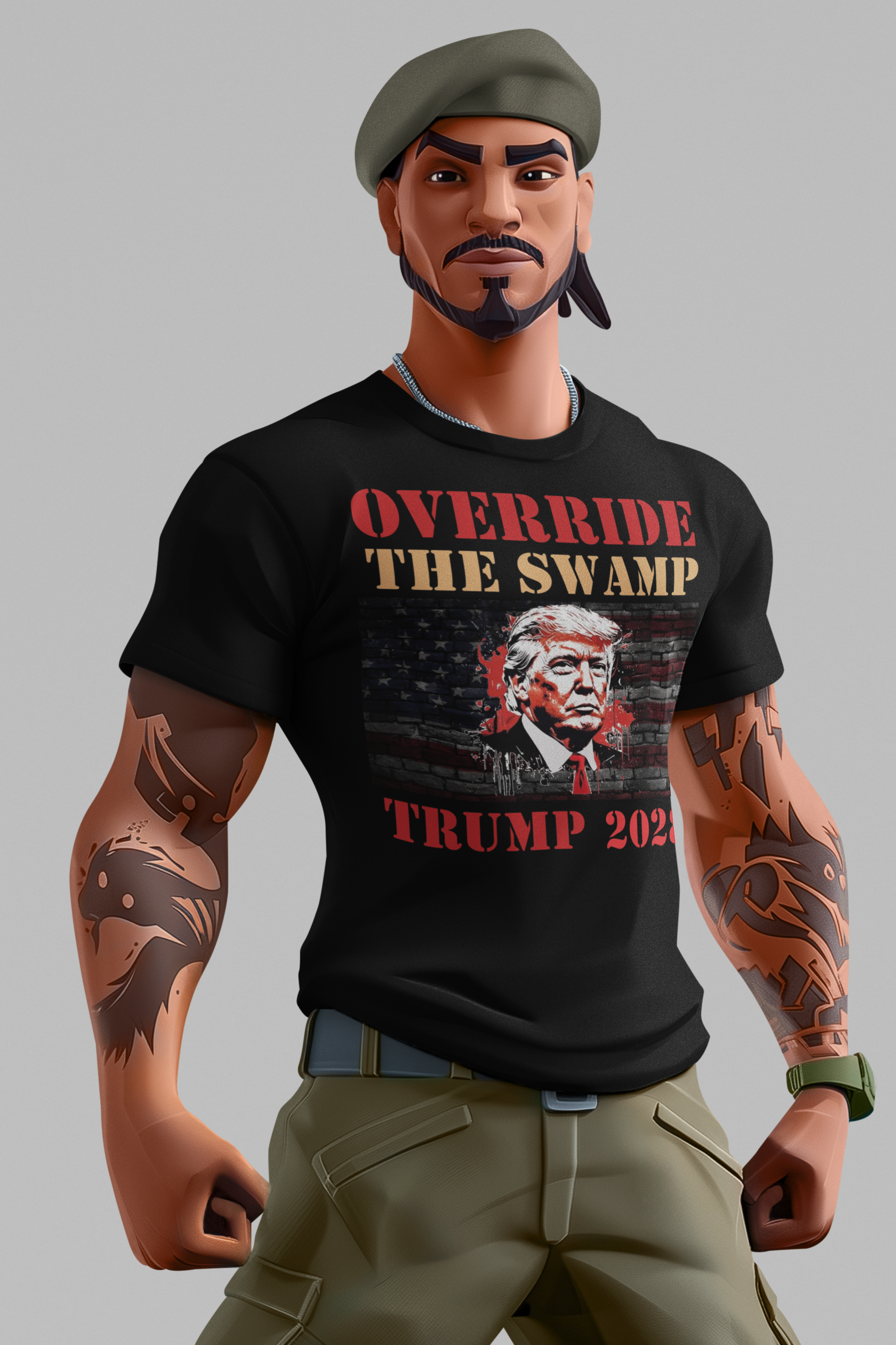 Override The Swamp Trump 2028 Graphic t-shirt featuring bold design and political messaging.