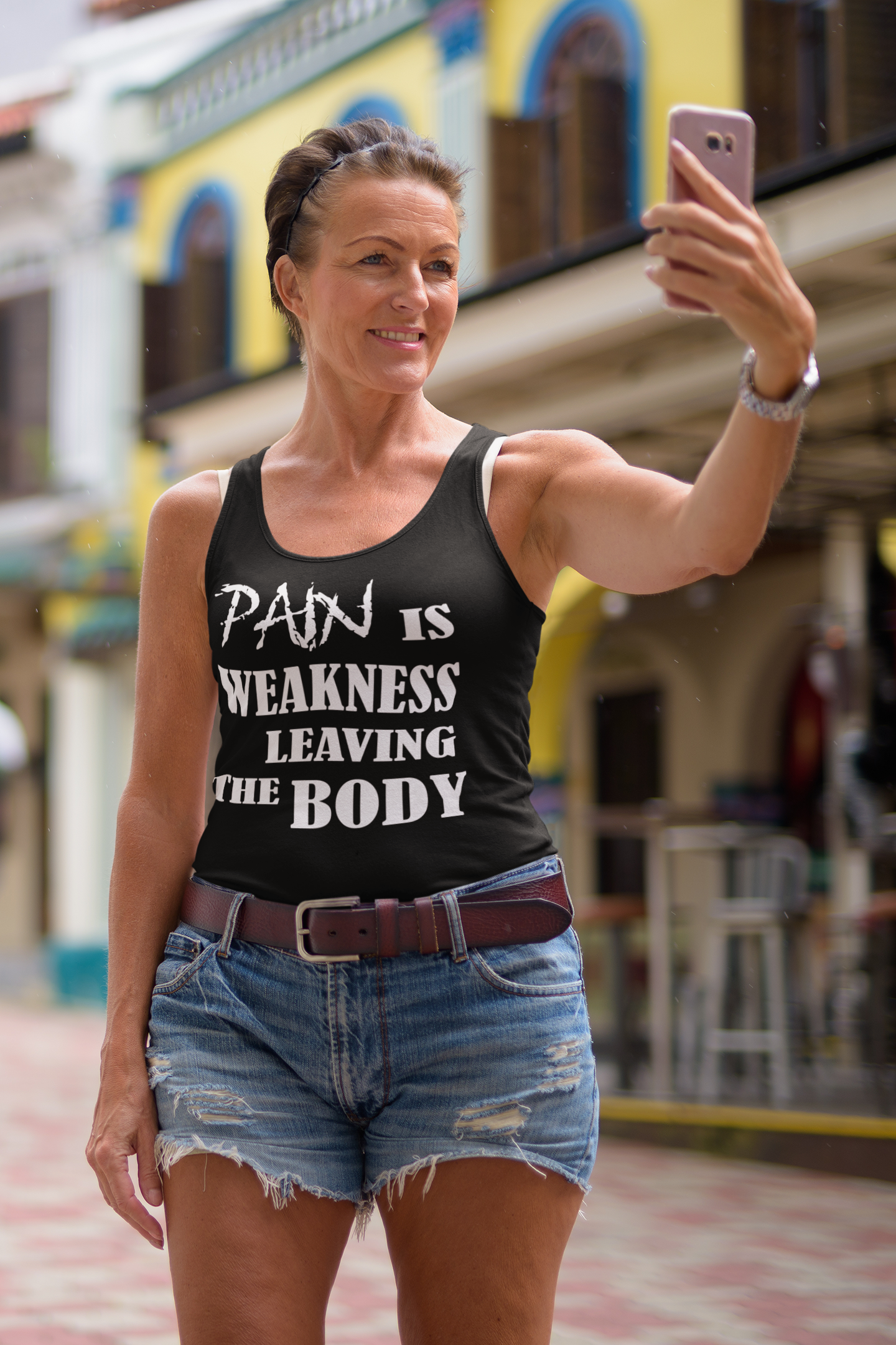 Pain Is Weakness Leaving Body White Text Graphic Tee