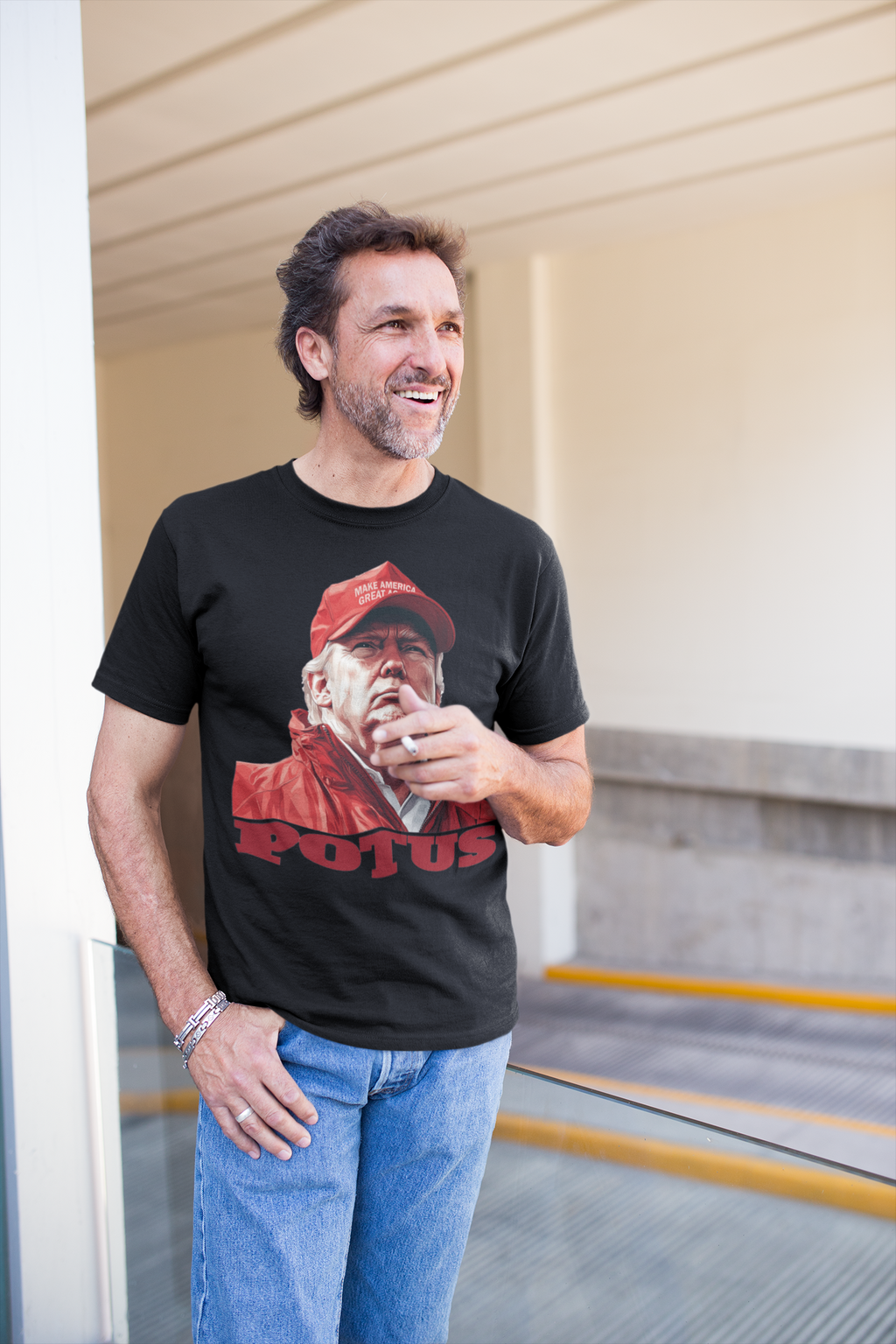 Man wearing POTUS USA Patriotic Apparel Design t-shirt with a bold political graphic.