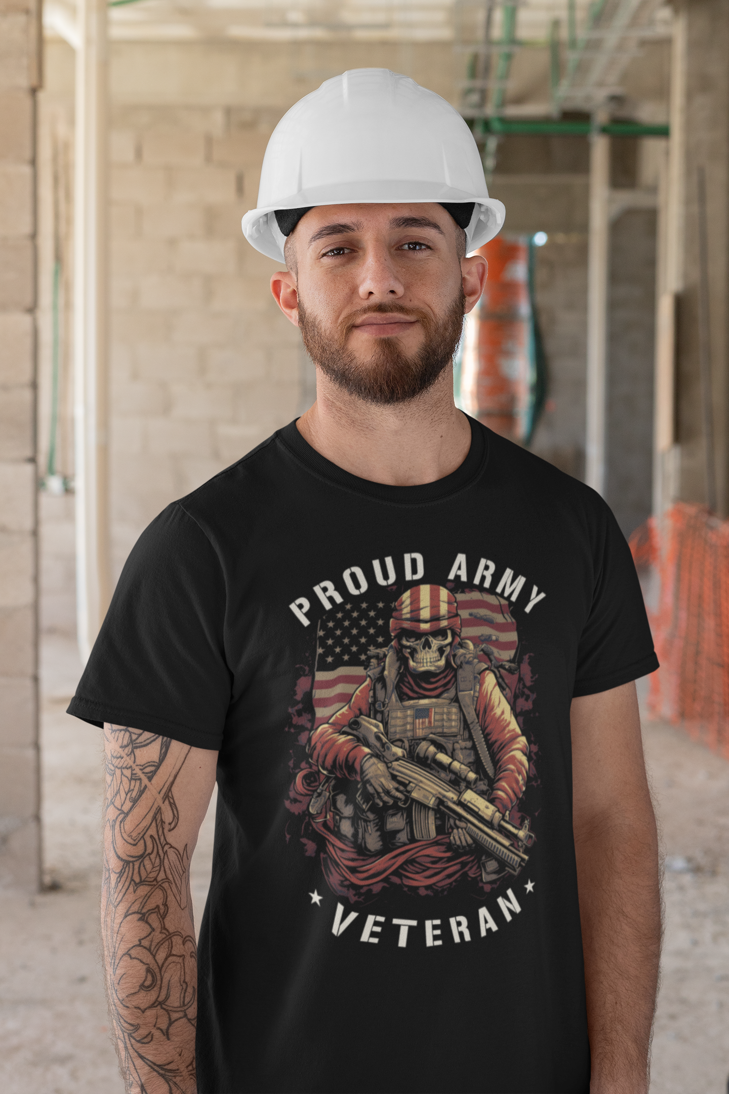 Proud Army Veteran Graphic Tee worn by a man in a construction setting, showcasing military pride and patriotism.