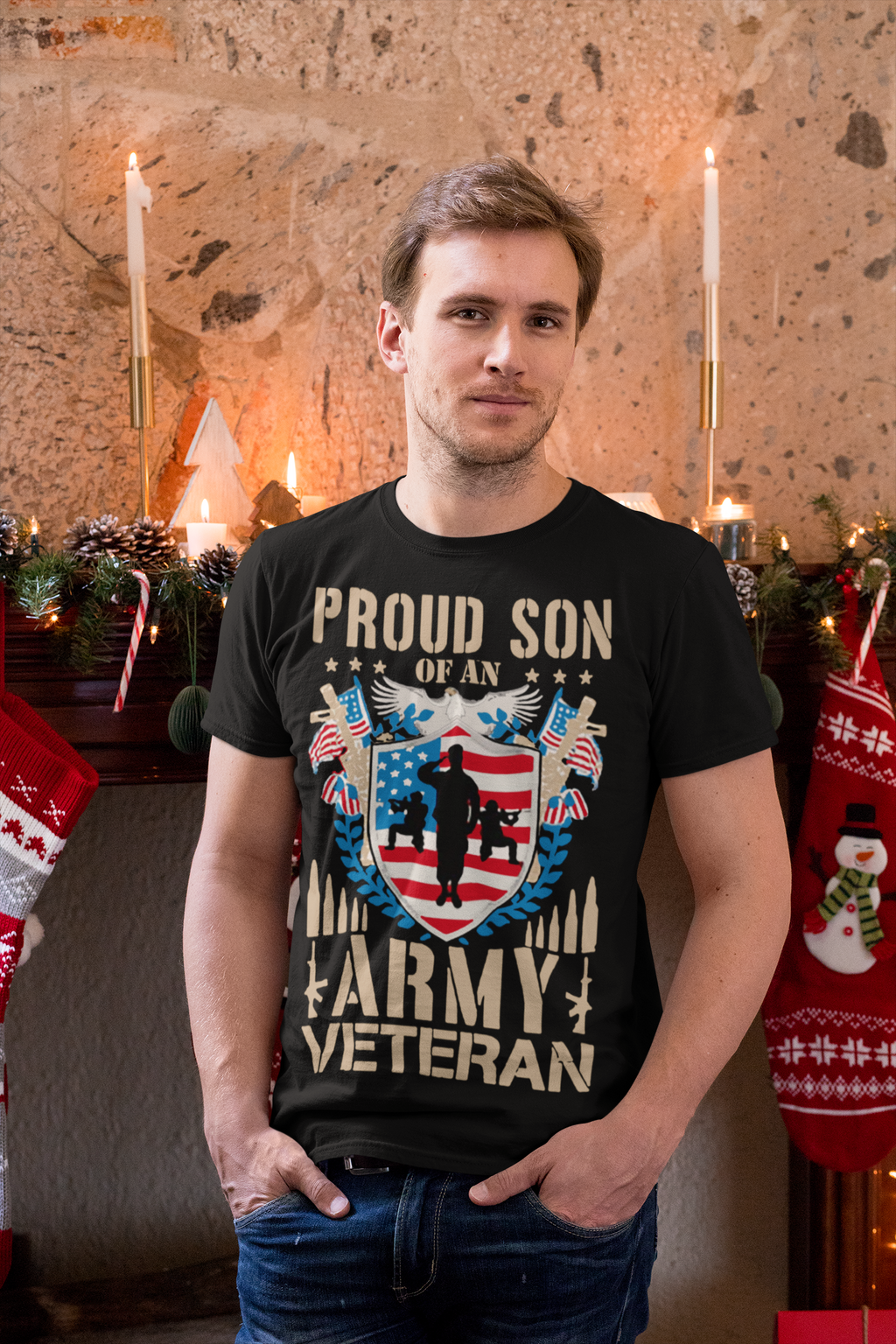 Proud Son of an Army Veteran Design apparel worn by a man in front of a festive background.