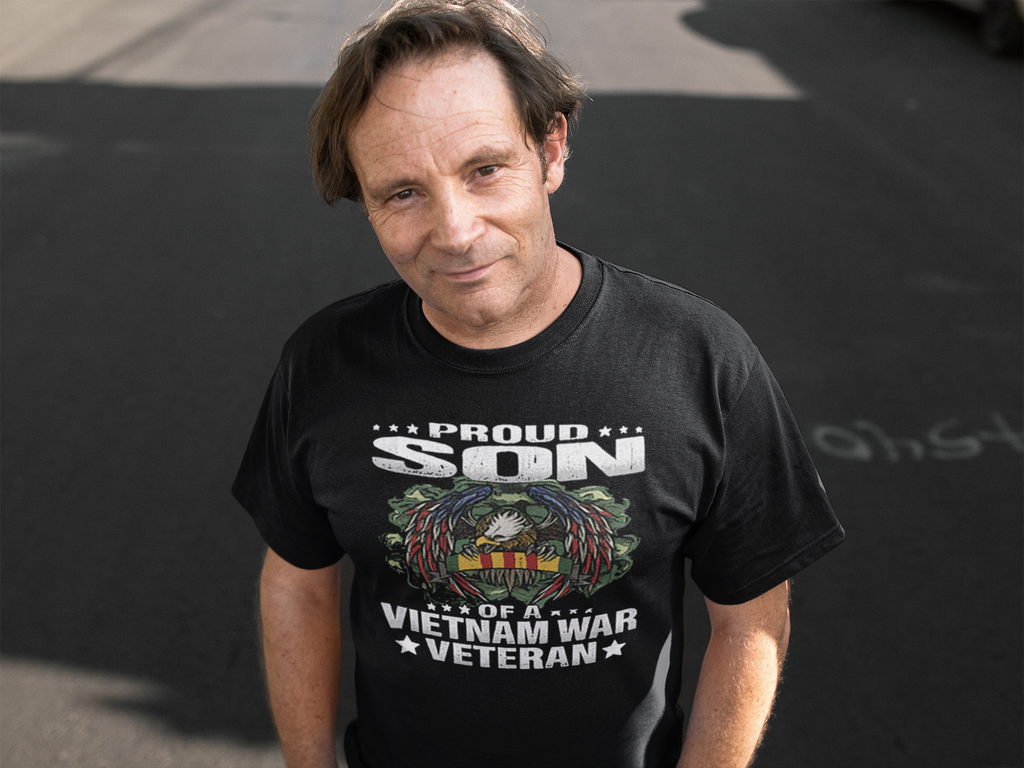 Man wearing Proud Son Of A Vietnam War Veteran t-shirt, honoring military legacy with a meaningful design.