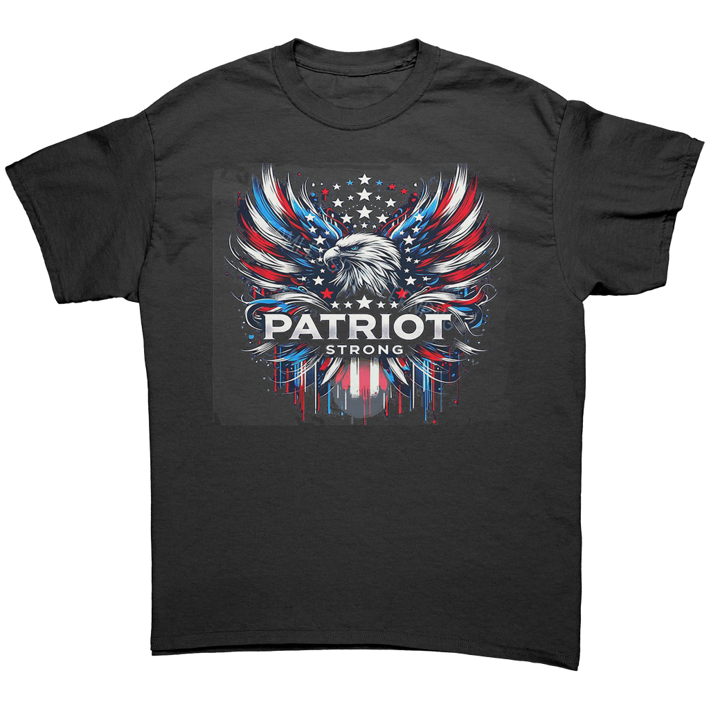 Patriot Strong Custom Print Top featuring a bold eagle graphic, red, white, and blue colors on a black tee.