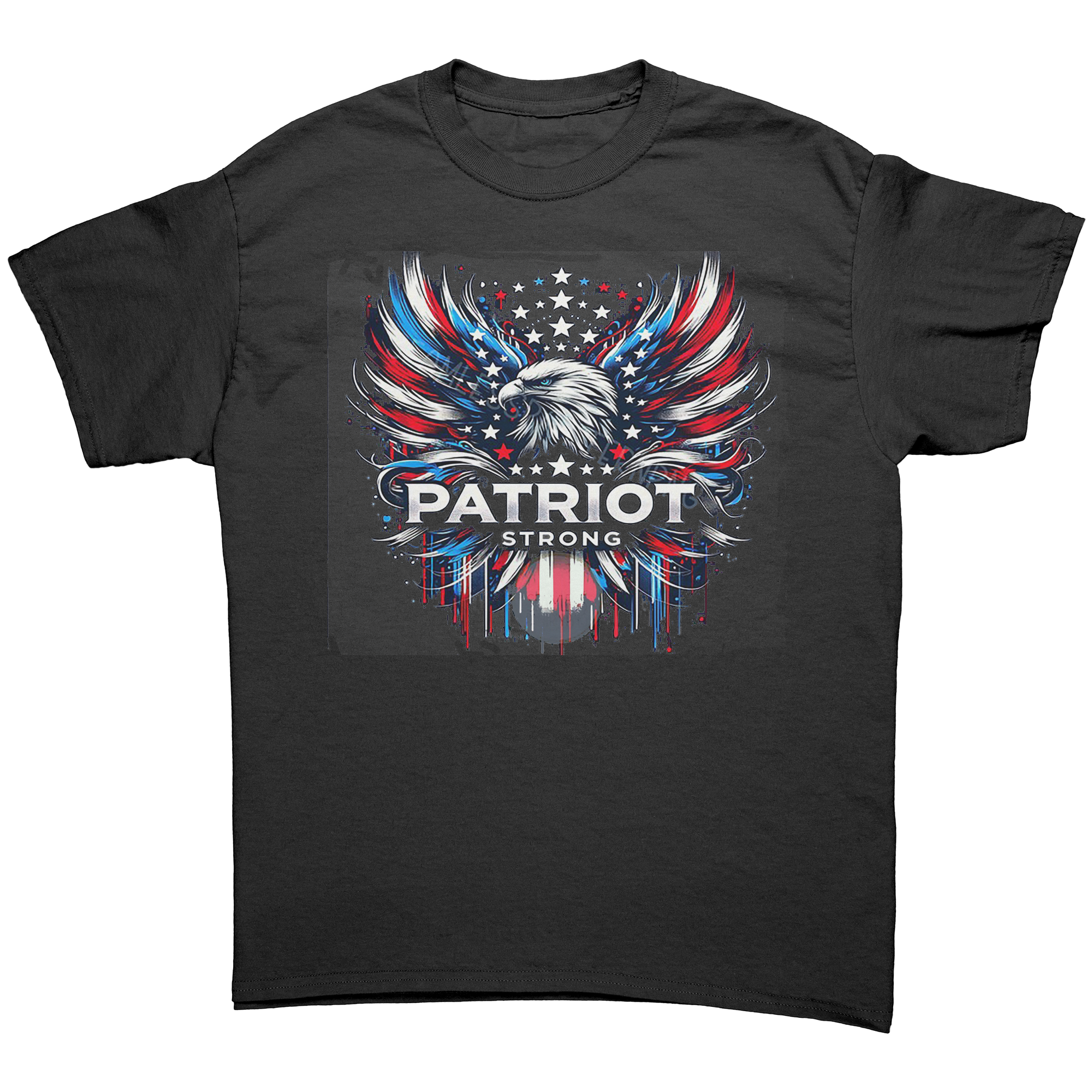 Patriot Strong Custom Print Top featuring a bold eagle graphic, red, white, and blue colors on a black tee.