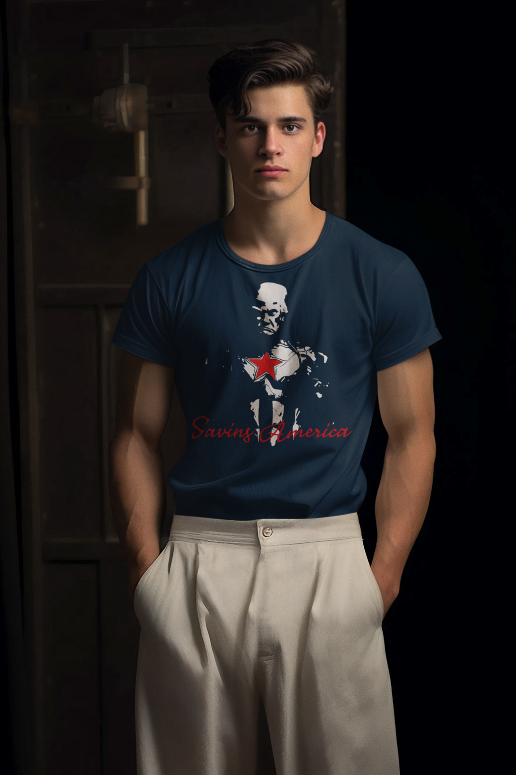 Model wearing Saving America Graphic Design Tee featuring patriotic graphic design on a dark background.
