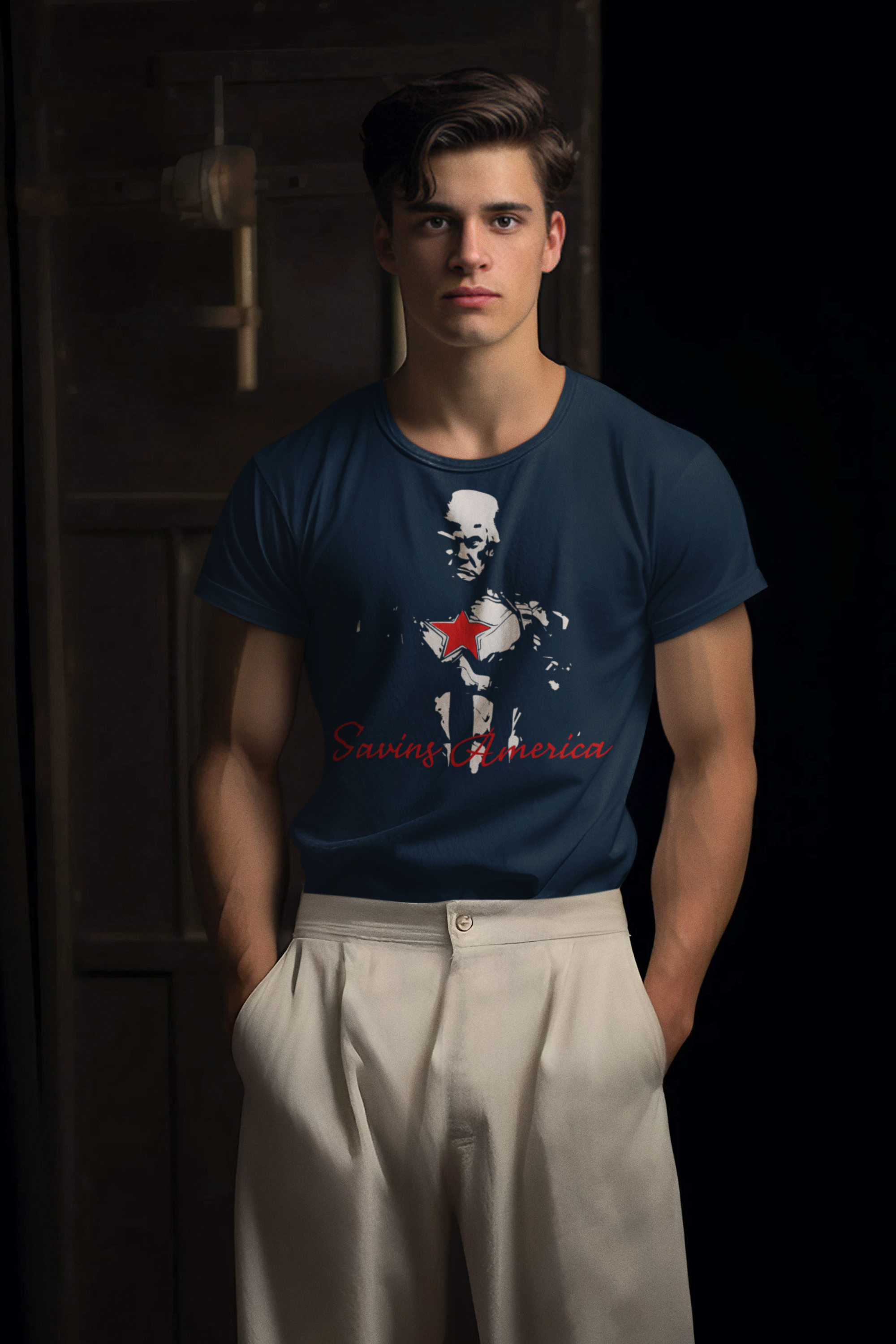 Model wearing Saving America Graphic Design Tee featuring patriotic graphic design on a dark background.