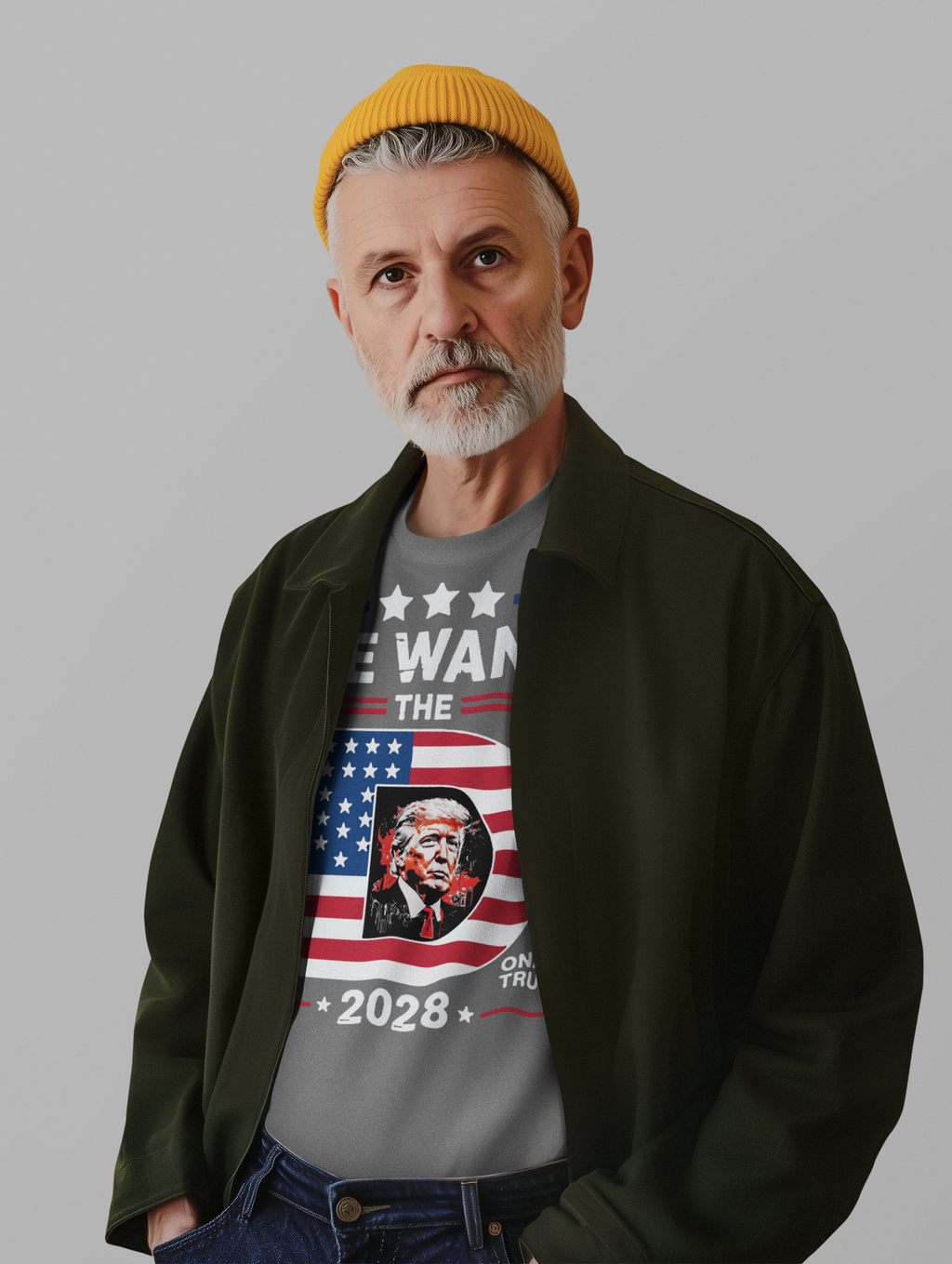 Man wearing a She Wants The Voice 2028 Election Shirt with a bold political design and a yellow beanie.
