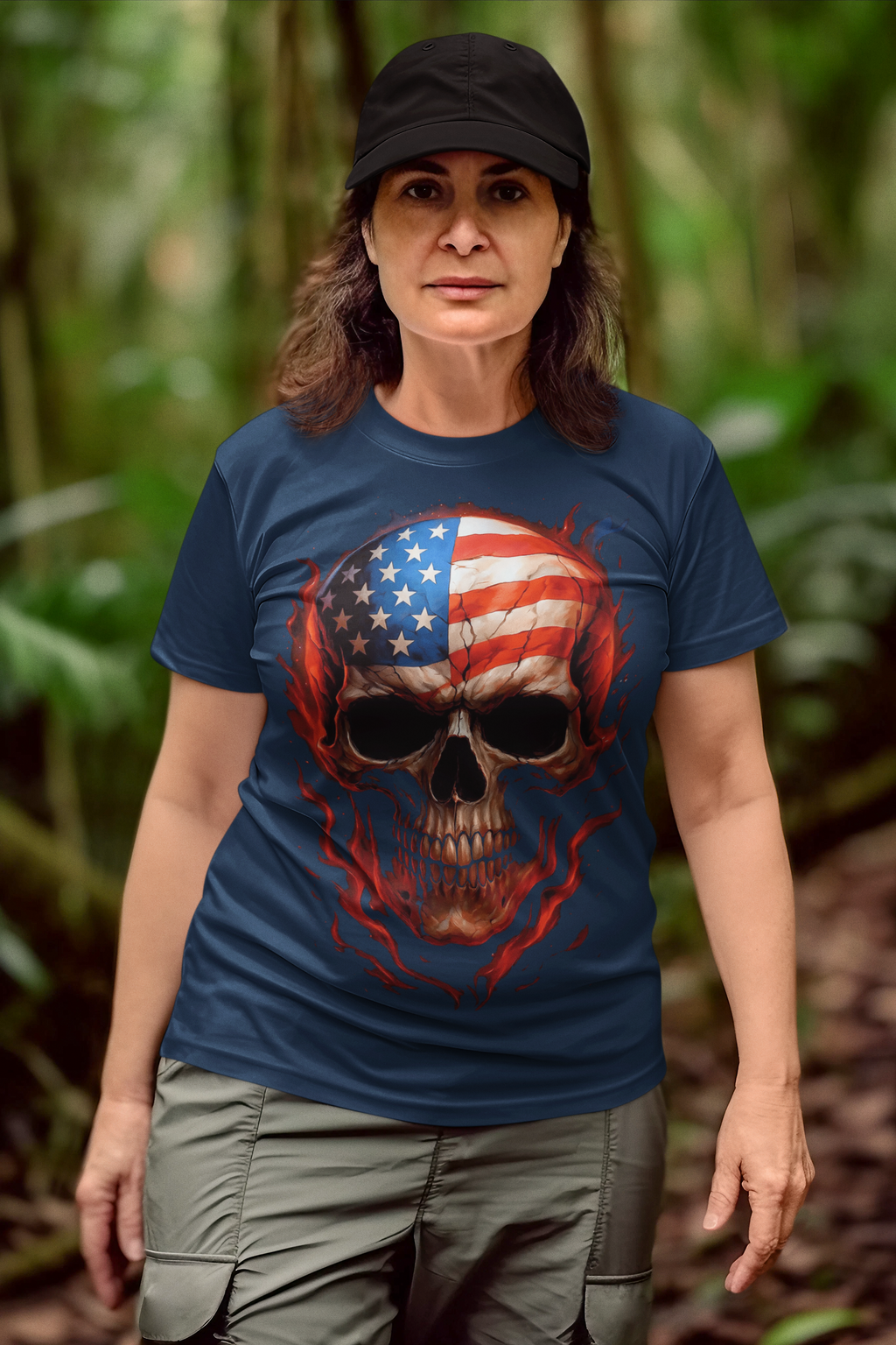 Woman wearing Punisher In Stars And Stripes Aflame t-shirt in a lush forest setting.
