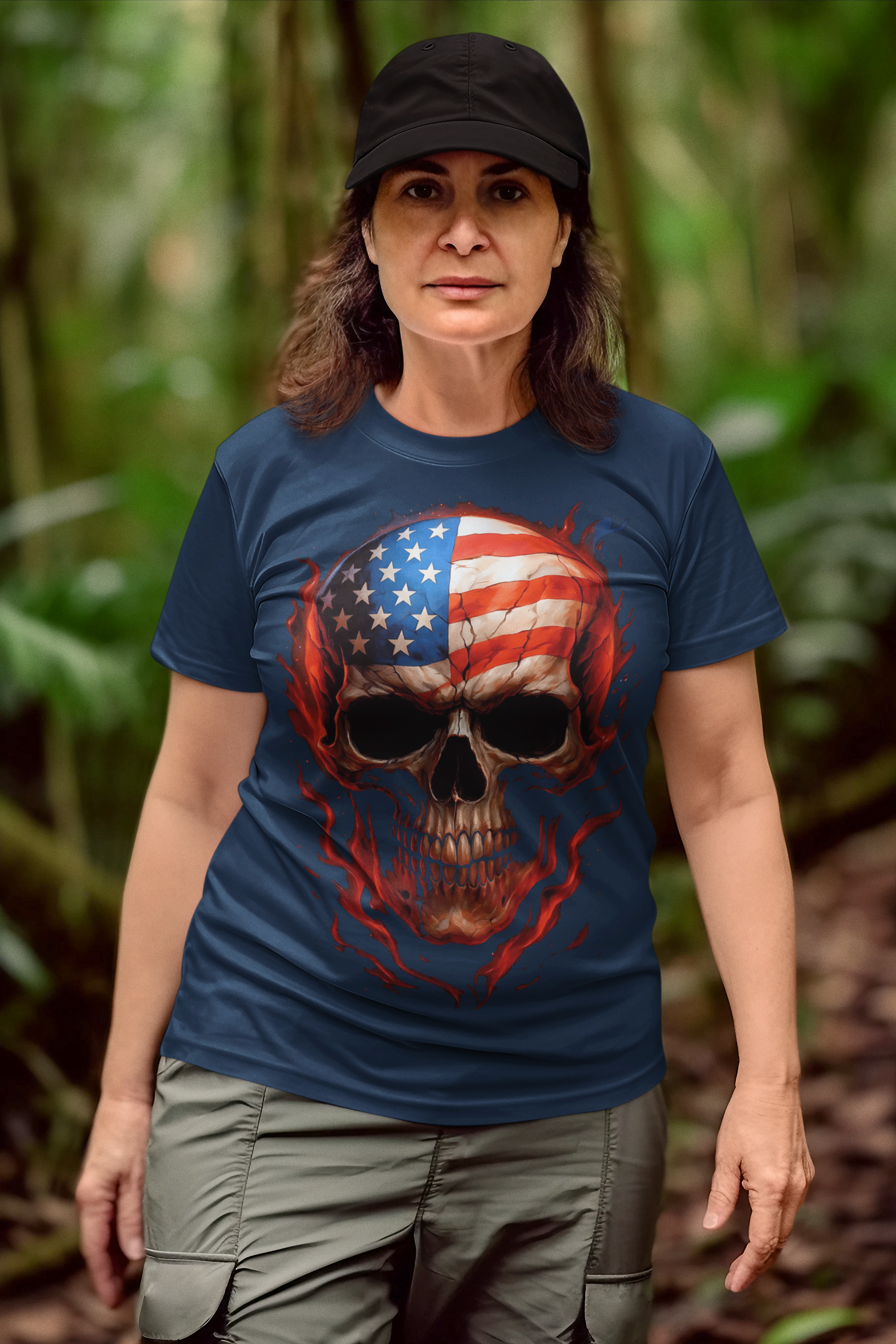 Woman wearing Punisher In Stars And Stripes Aflame t-shirt in a lush forest setting.