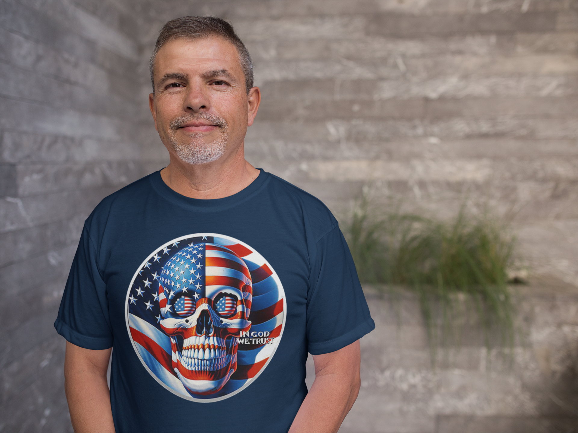 Man wearing Punisher In Stars And Stripes In God We Trust t-shirt with a patriotic design.
