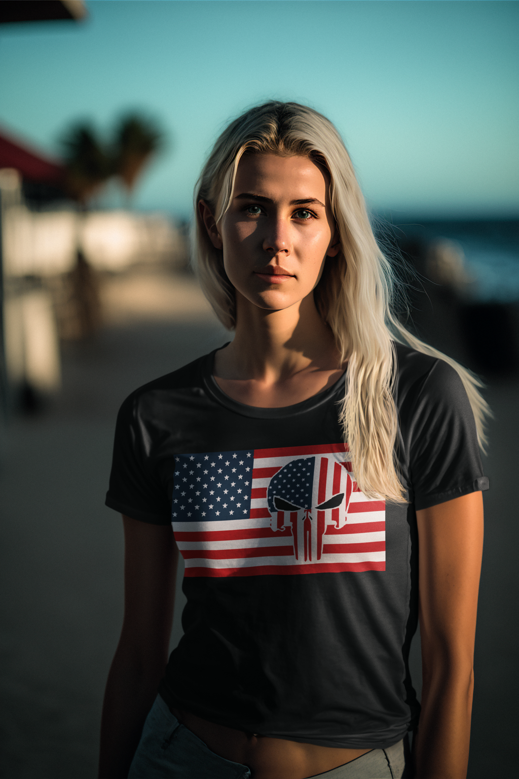 Punisher In Stars And Stripes On American Flag design on a woman's t-shirt, showcasing a bold conservative message.