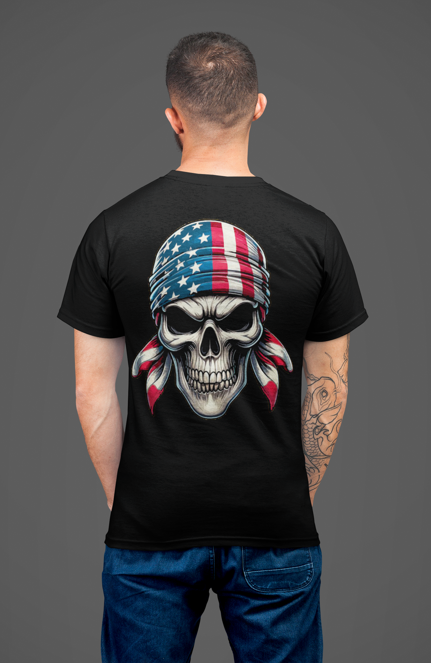 Man wearing Skull Wrapped In American Flag Graphic Shirt showcasing a skull with an American flag bandana.