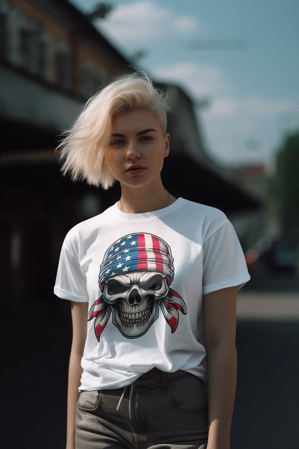 Model wearing a t-shirt featuring Skull Wrapped In American Flag Design on a street.