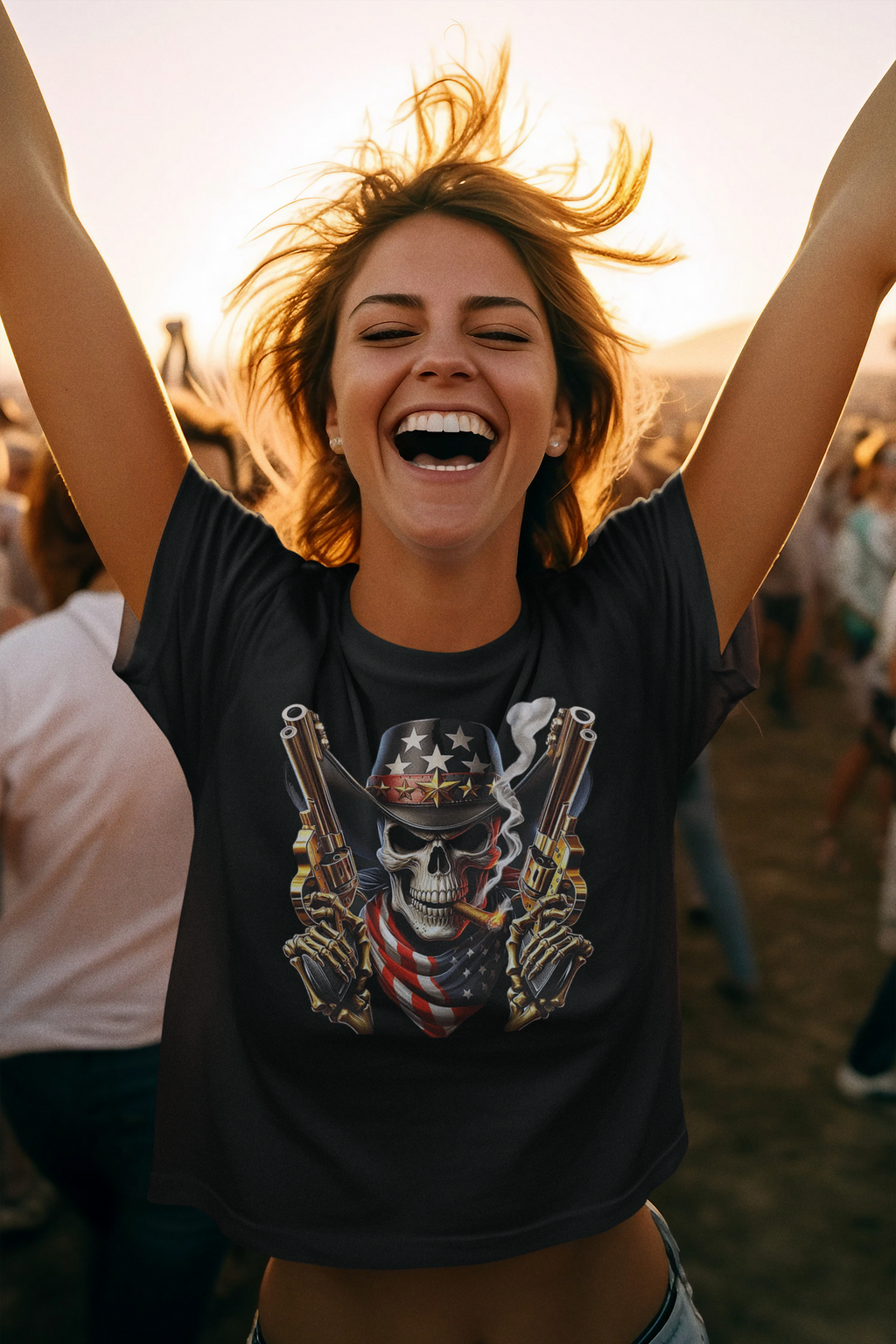 Smiling woman wearing Skull With Cigar And Guns T Shirt at outdoor event, celebrating a bold style.