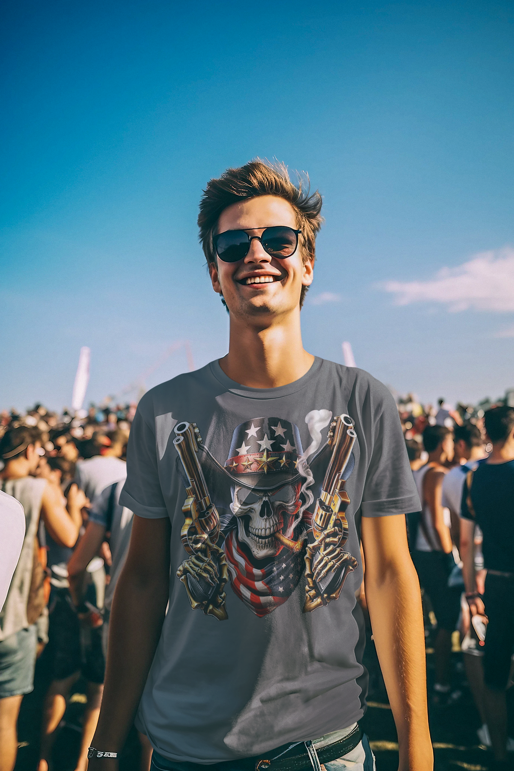 Man wearing Skull With Cigar And Guns T Shirt at a vibrant outdoor festival.