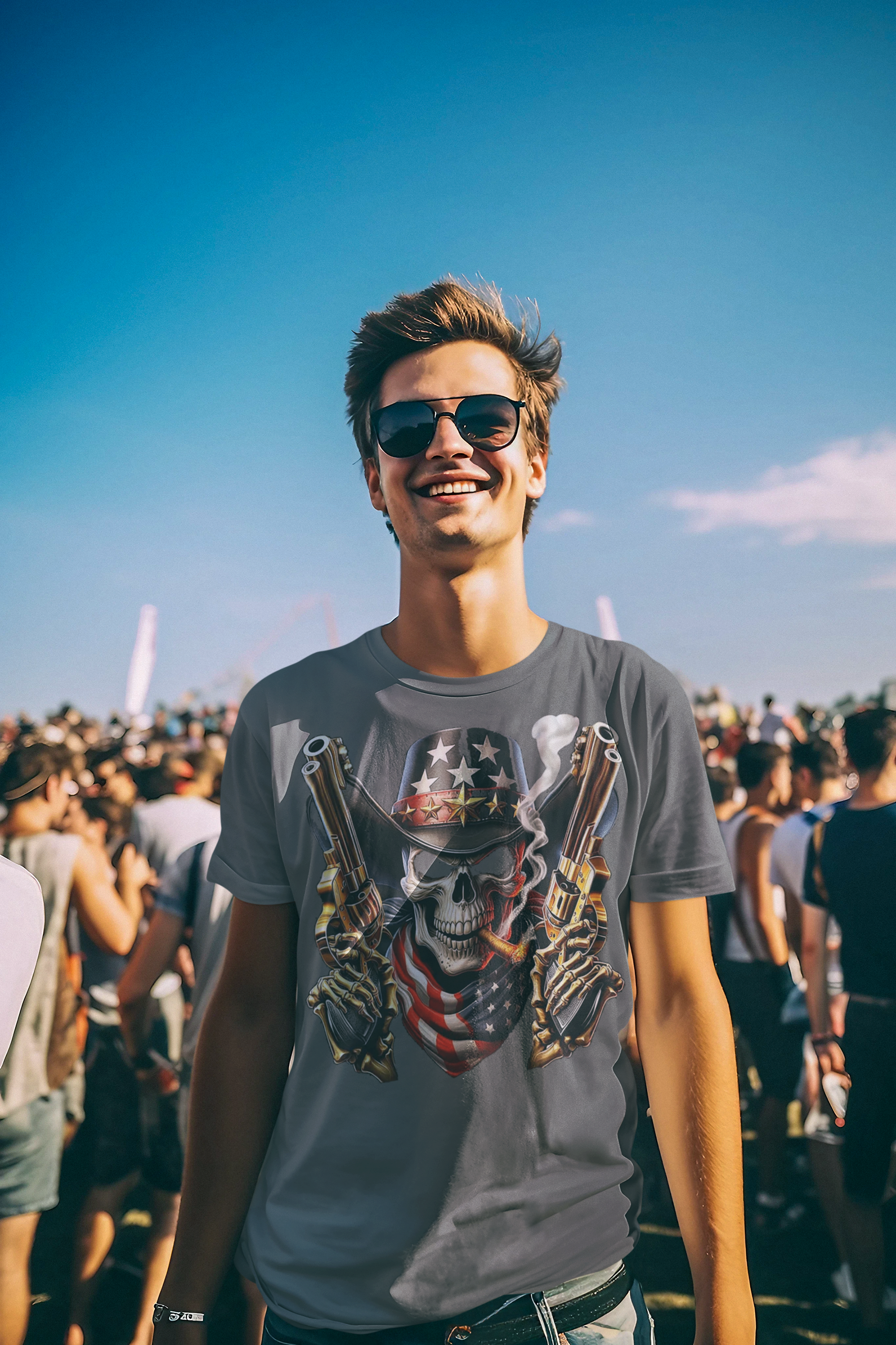 Man wearing Skull With Cigar And Guns T Shirt at a vibrant outdoor festival.