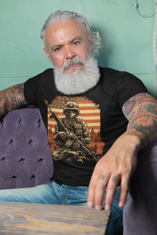 Soldier Against American Flag And City