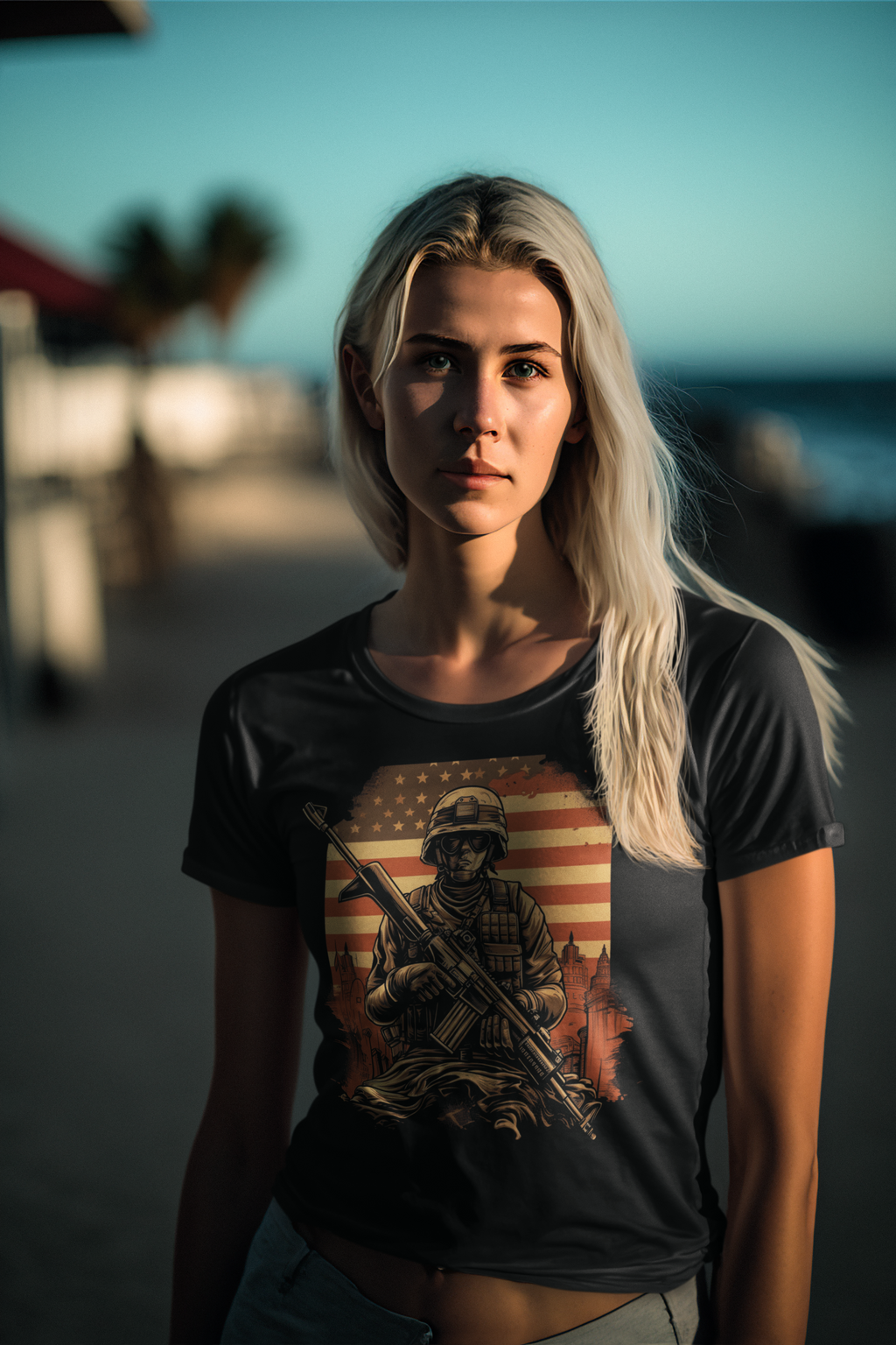 Model wearing Soldier Against American Flag And City graphic tee by the beach during sunset.