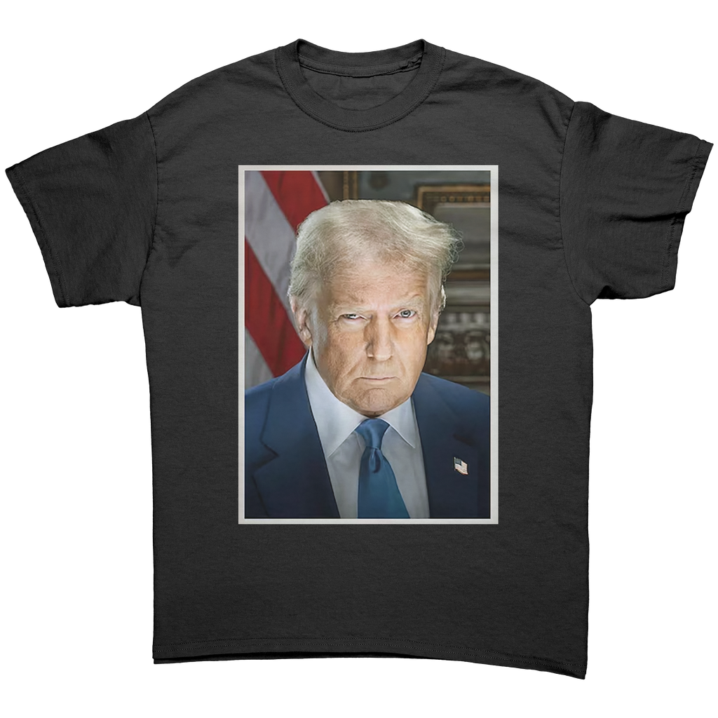 Serious Trump Portrait Graphic tee featuring a bold image of Trump against a patriotic backdrop.