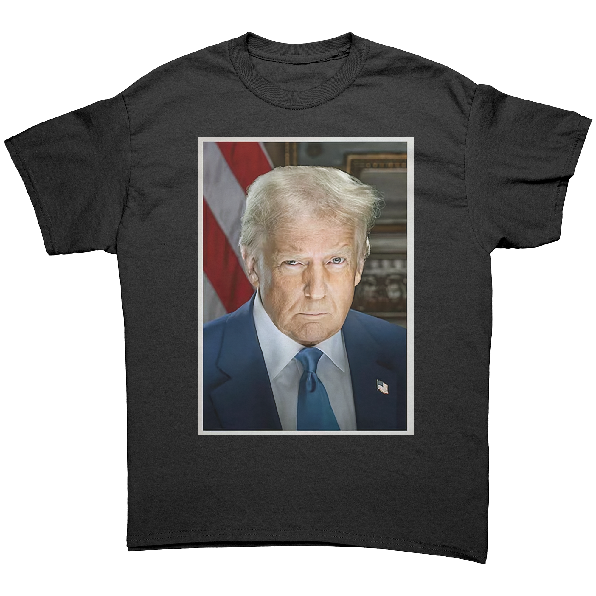 Serious Trump Portrait Graphic tee featuring a bold image of Trump against a patriotic backdrop.