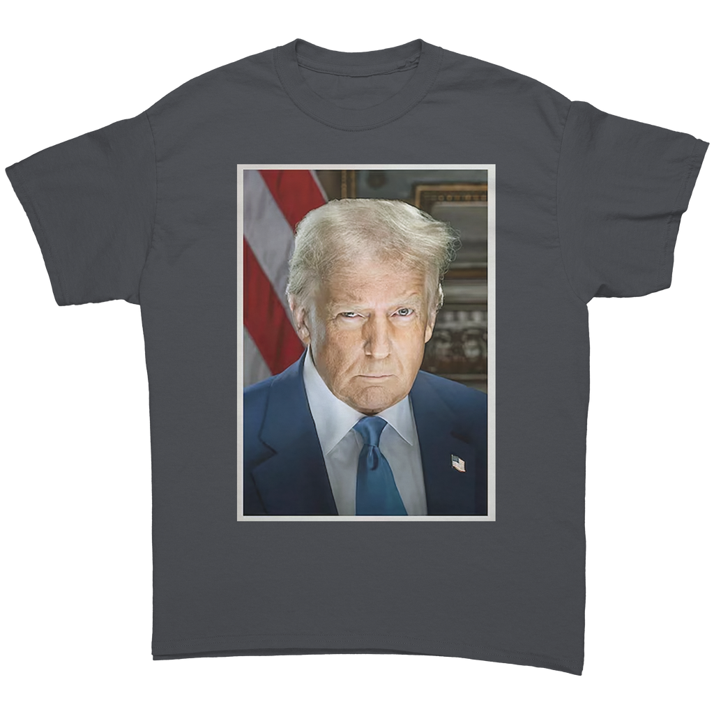 Serious Trump Portrait Graphic tee featuring a serious Donald Trump against a backdrop of the American flag.