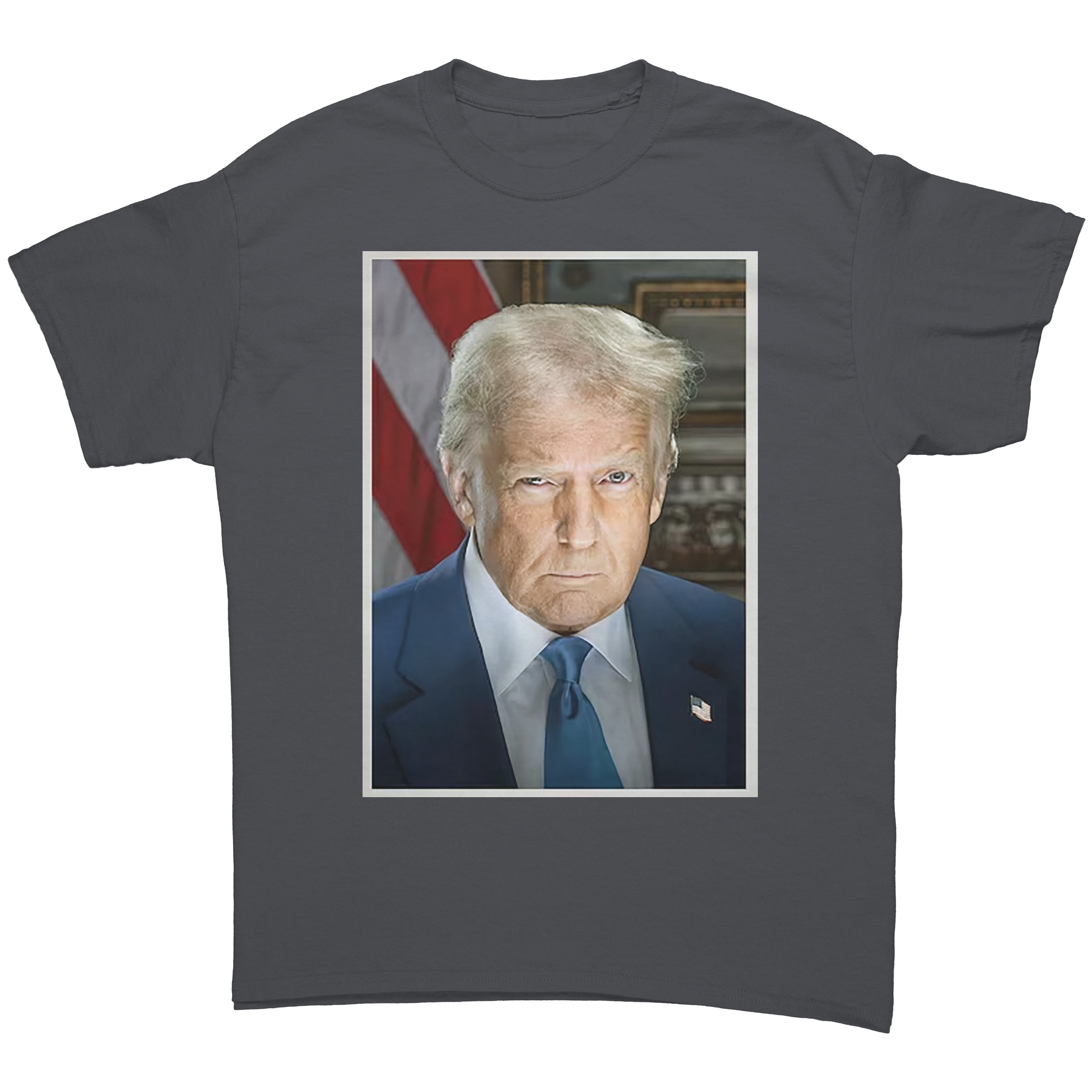 Serious Trump Portrait Graphic tee featuring a serious Donald Trump against a backdrop of the American flag.