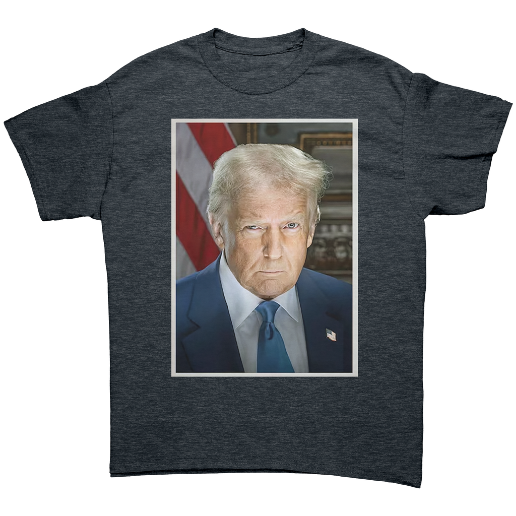 Serious Trump Portrait Graphic on a grey t-shirt featuring a stern image of Donald Trump.