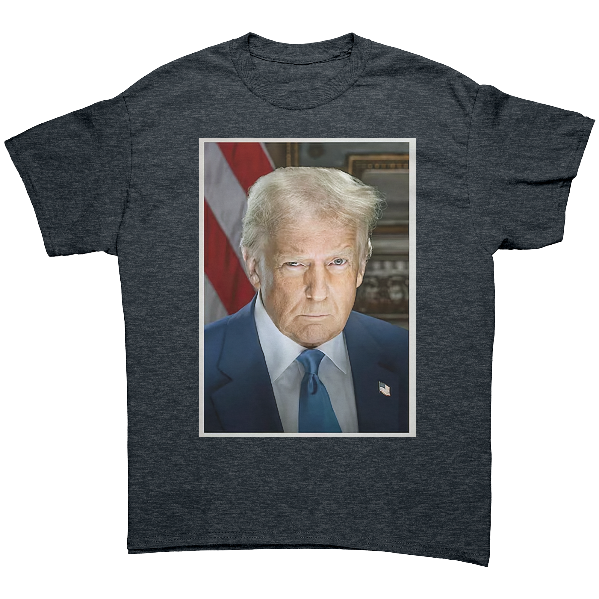 Serious Trump Portrait Graphic on a grey t-shirt featuring a stern image of Donald Trump.