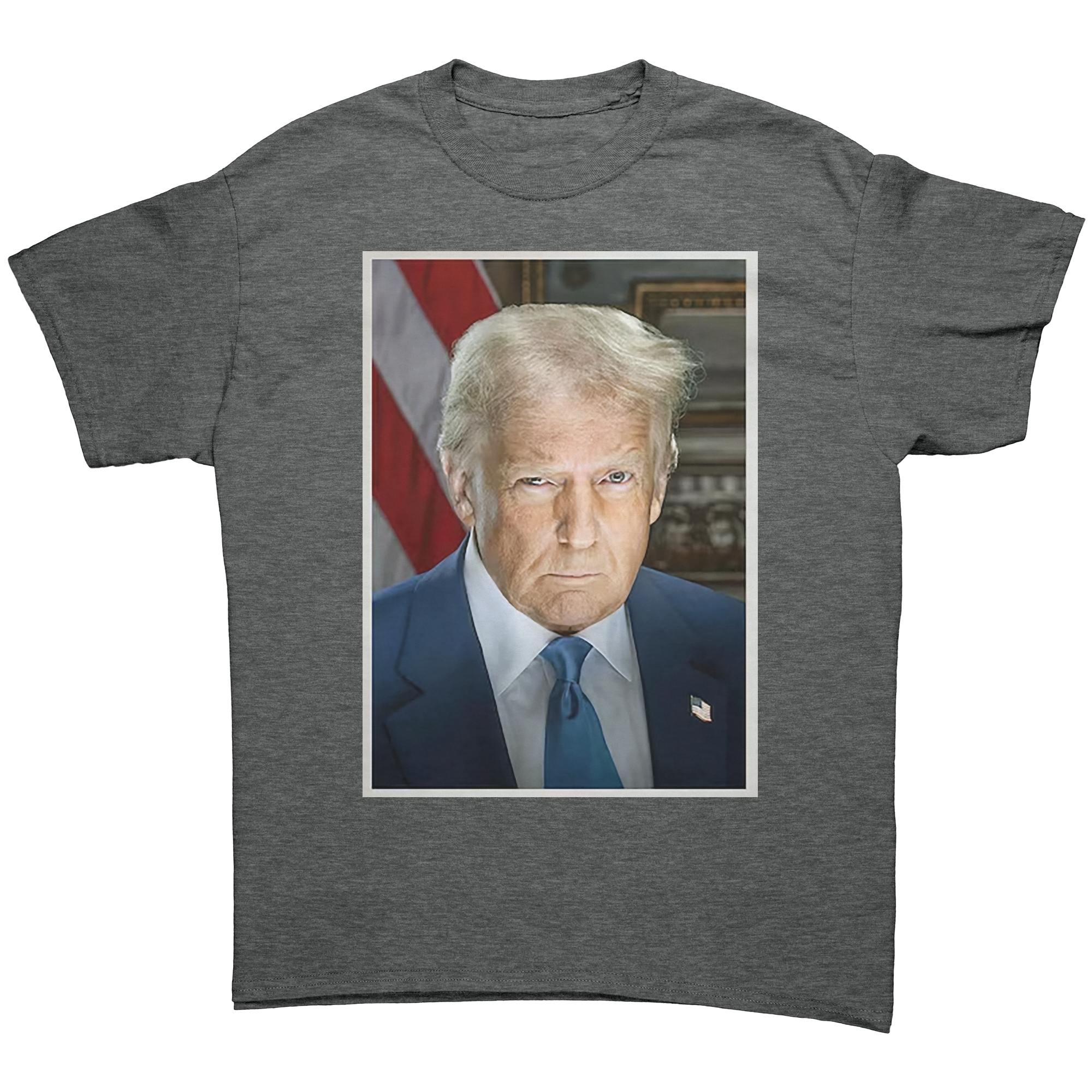 Serious Trump Portrait Graphic tee featuring a serious portrait of Trump on a gray shirt.