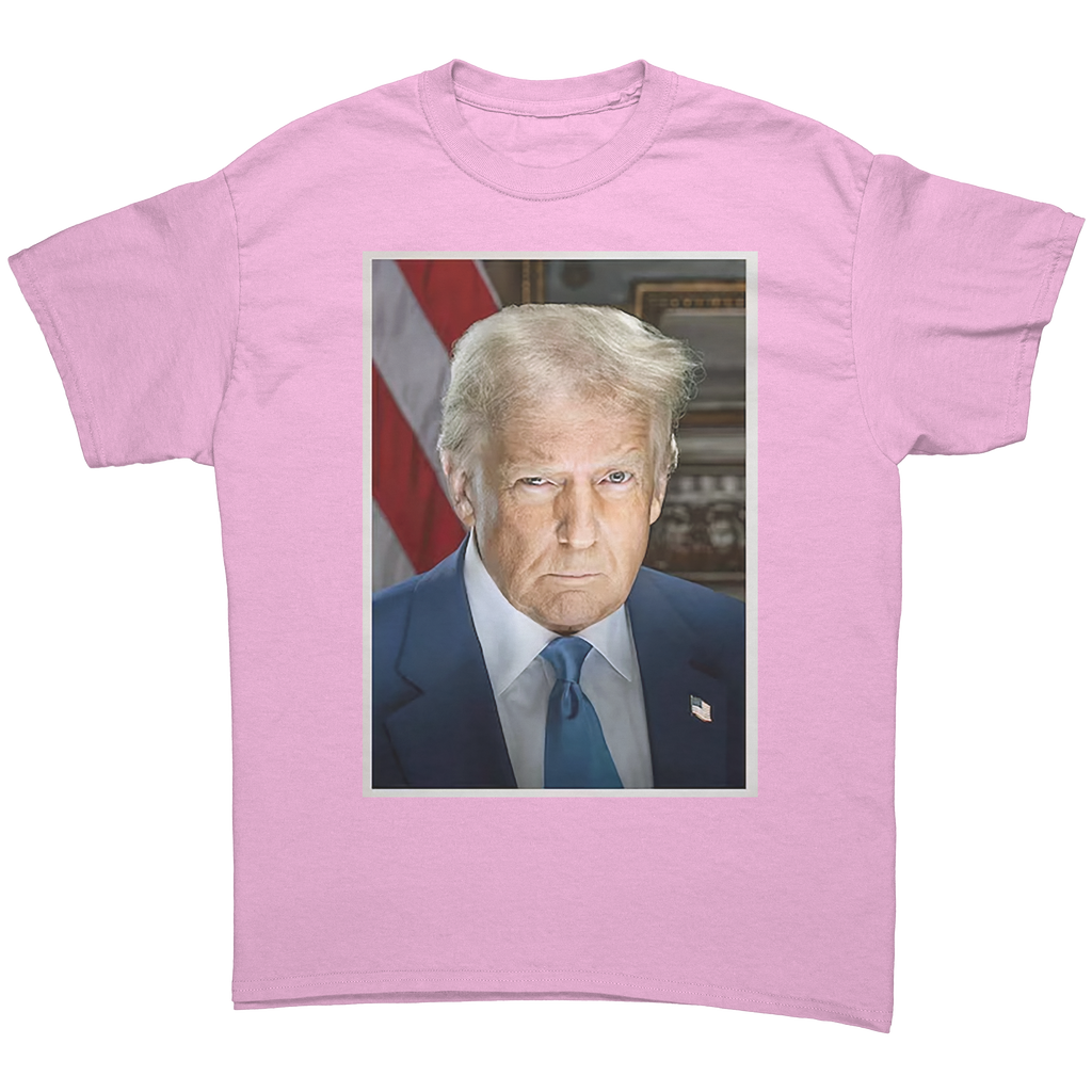 Serious Trump Portrait Graphic tee featuring a serious portrait of Donald Trump against a pink background.