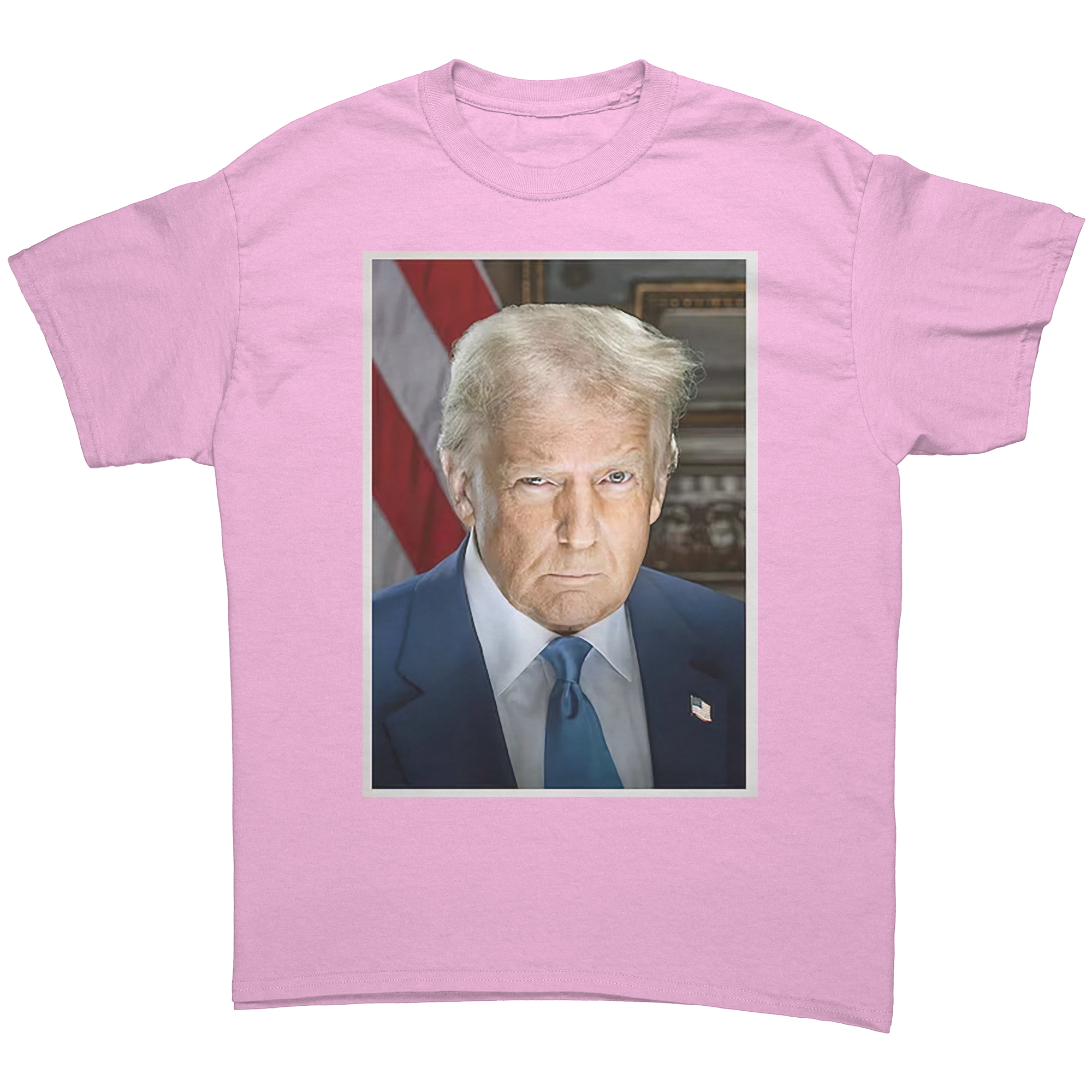 Serious Trump Portrait Graphic tee featuring a serious portrait of Donald Trump against a pink background.