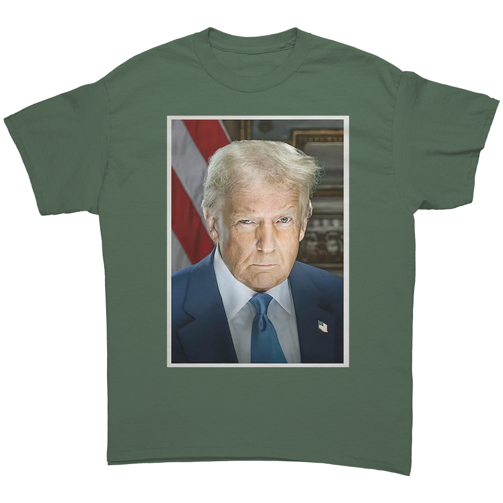 Serious Trump Portrait Graphic on a green t-shirt featuring a serious expression of Trump with an American flag background.