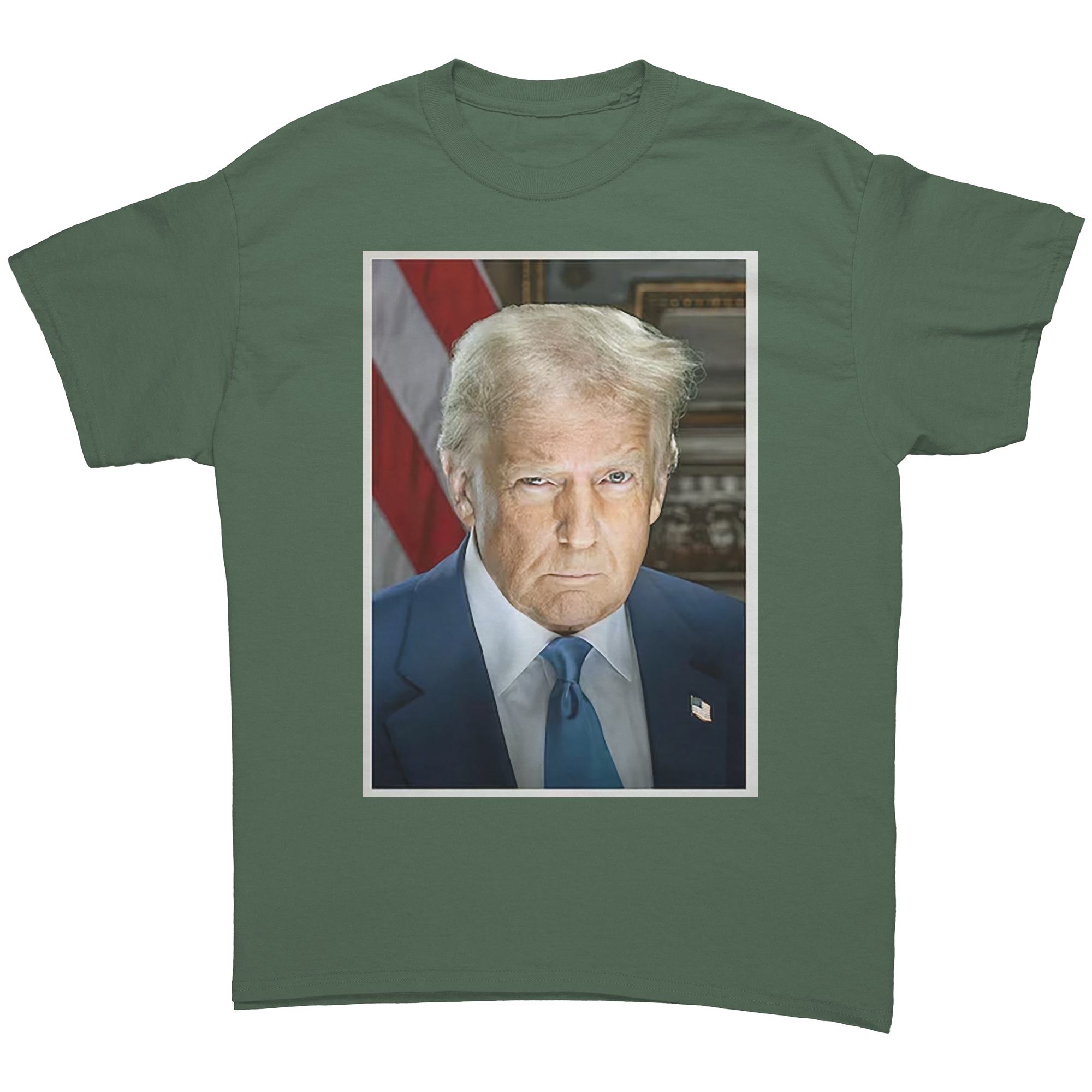 Serious Trump Portrait Graphic on a green t-shirt featuring a serious expression of Trump with an American flag background.