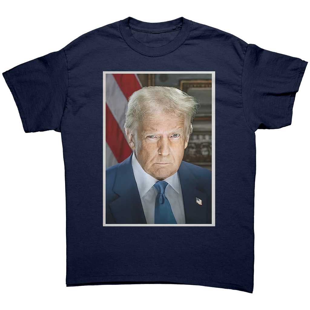Serious Trump Portrait Graphic on a navy blue t-shirt featuring a portrait of Donald Trump.