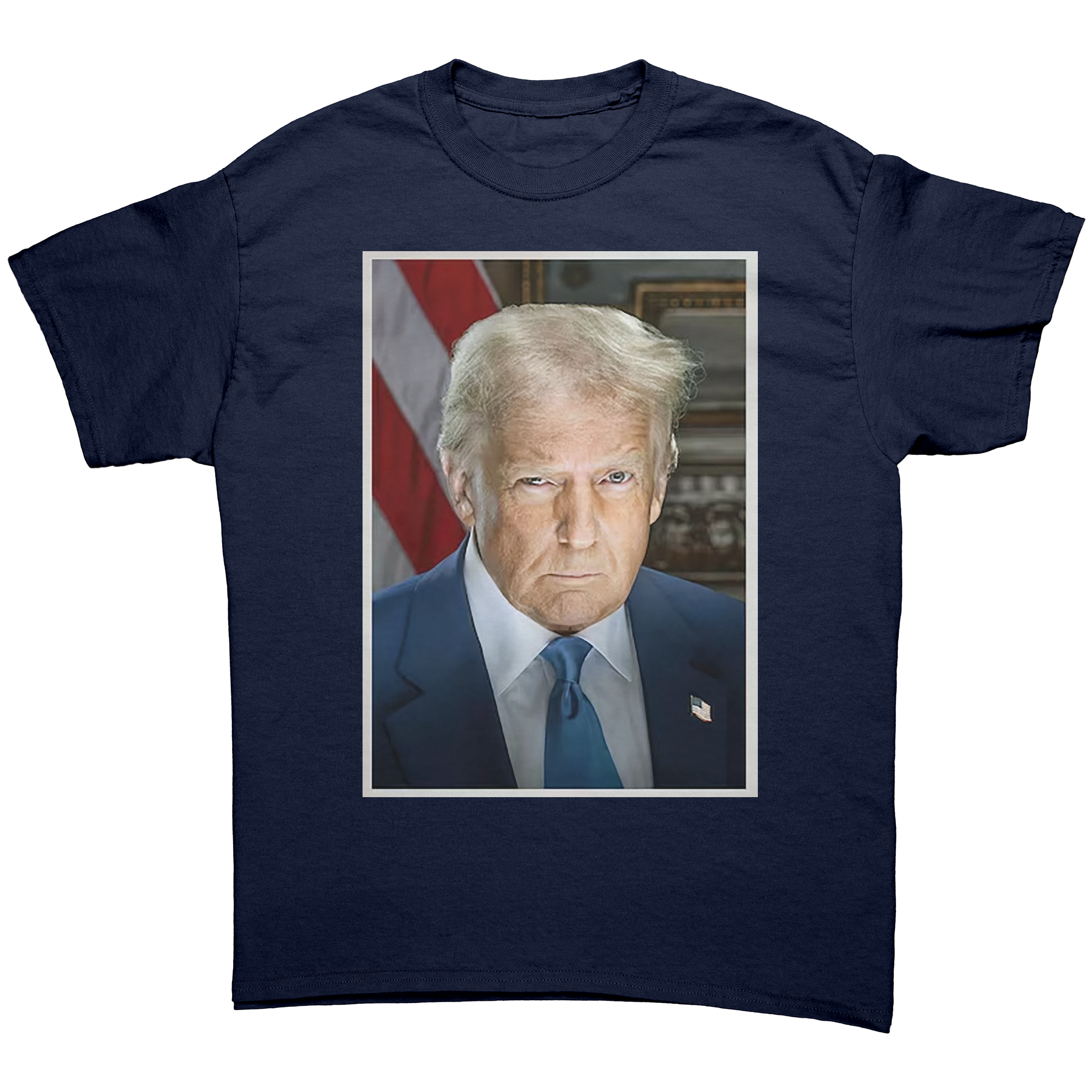 Serious Trump Portrait Graphic on a navy blue t-shirt featuring a portrait of Donald Trump.