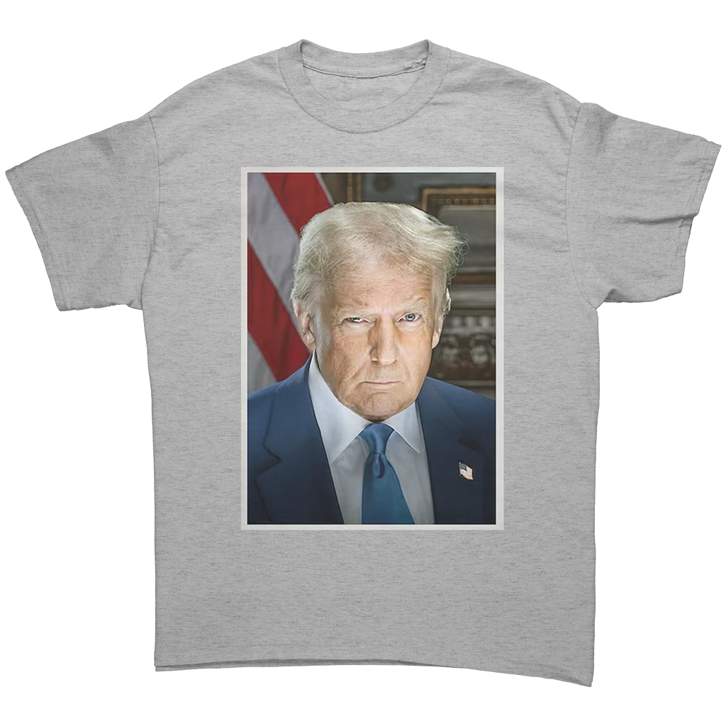 Serious Trump Portrait Graphic on grey t-shirt featuring a serious portrait of Trump with an American flag backdrop.