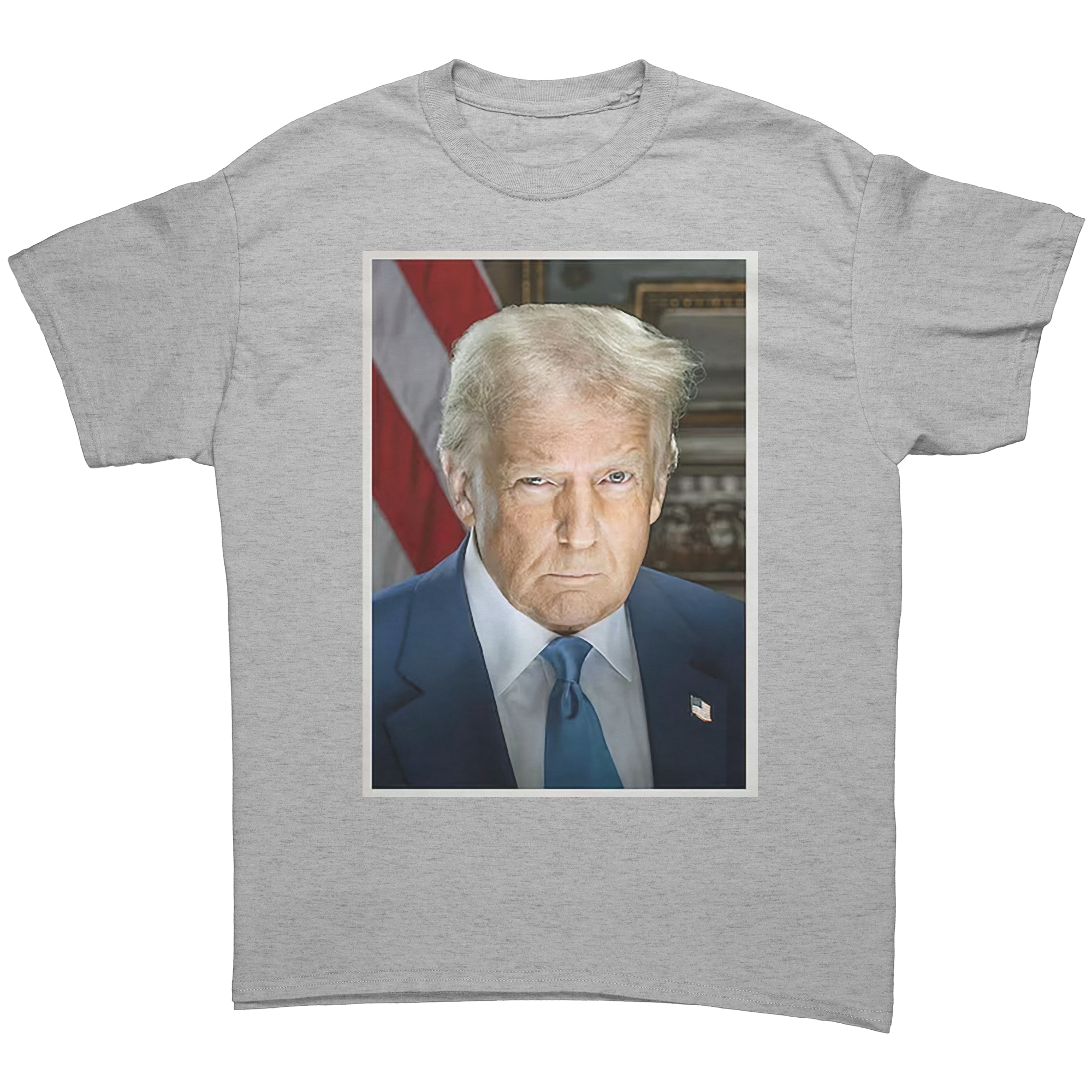 Serious Trump Portrait Graphic on grey t-shirt featuring a serious portrait of Trump with an American flag backdrop.