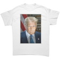 Serious Trump Portrait Graphic tee featuring a serious portrait of Donald Trump against an American flag backdrop.