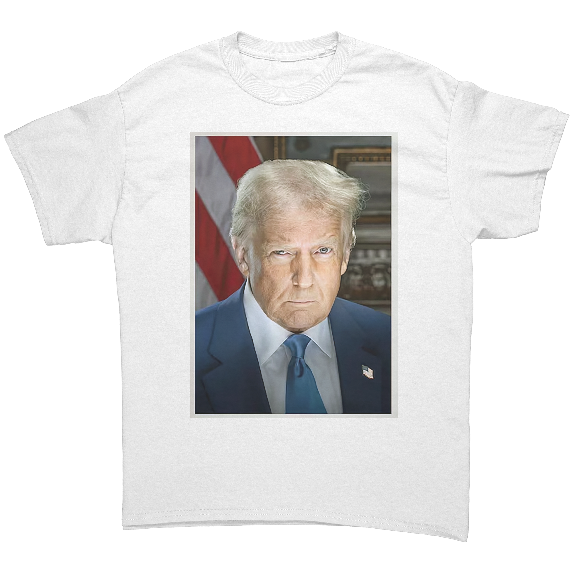 Serious Trump Portrait Graphic tee featuring a serious portrait of Donald Trump against an American flag backdrop.