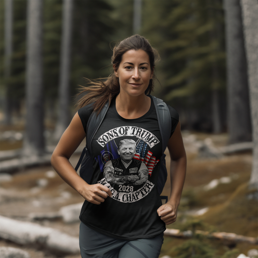 Woman running in a forest wearing a Sons Of Trump 2028 M.A.G.A. Chapter graphic t-shirt.
