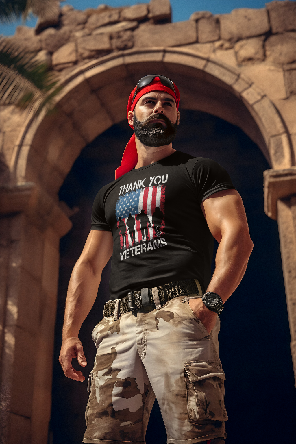 Man wearing 'Thank You Veterans On American Flag' t-shirt in front of historic archway.