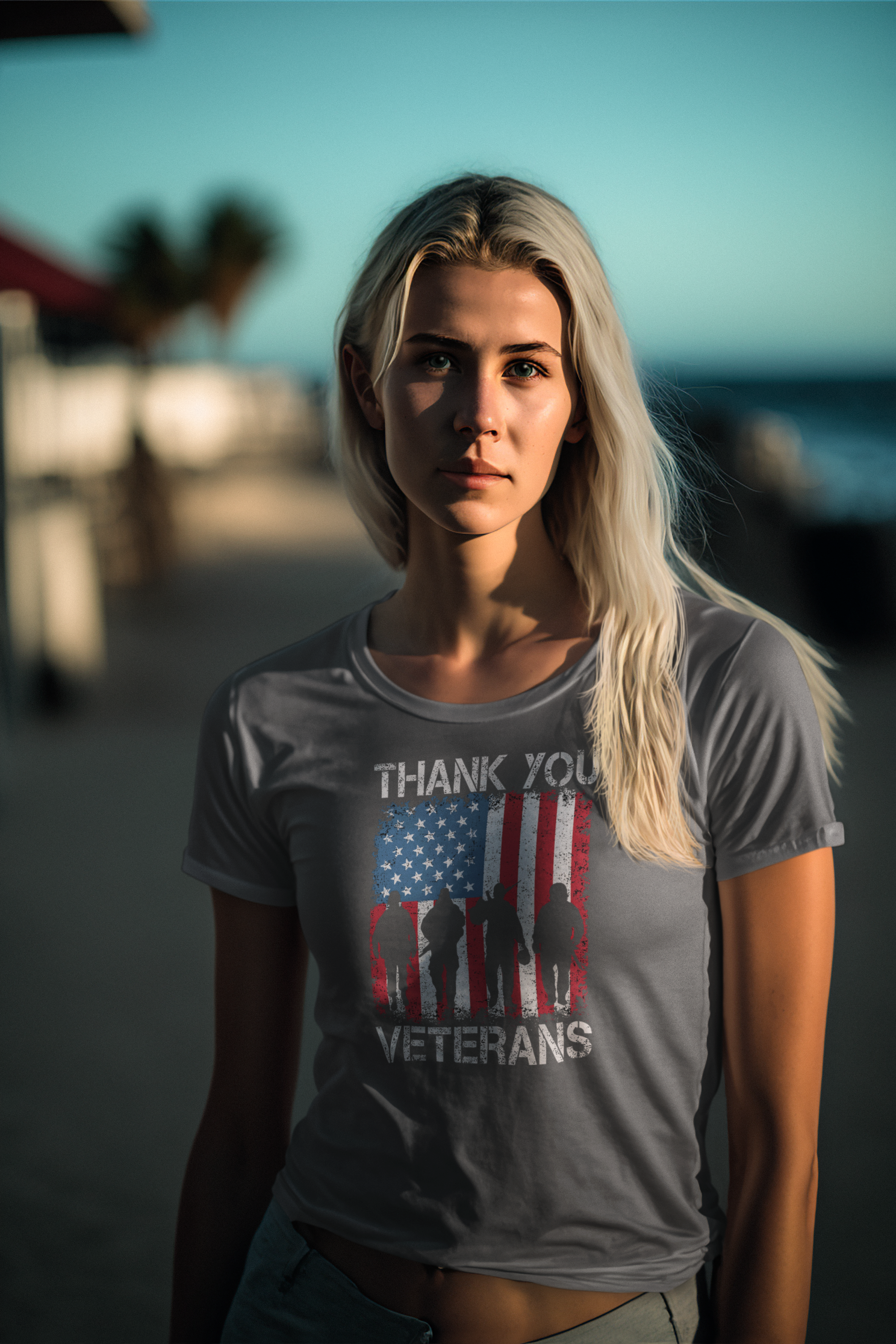 Thank You Veterans On American Flag t-shirt worn by a model near the beach, celebrating military service and patriotism.