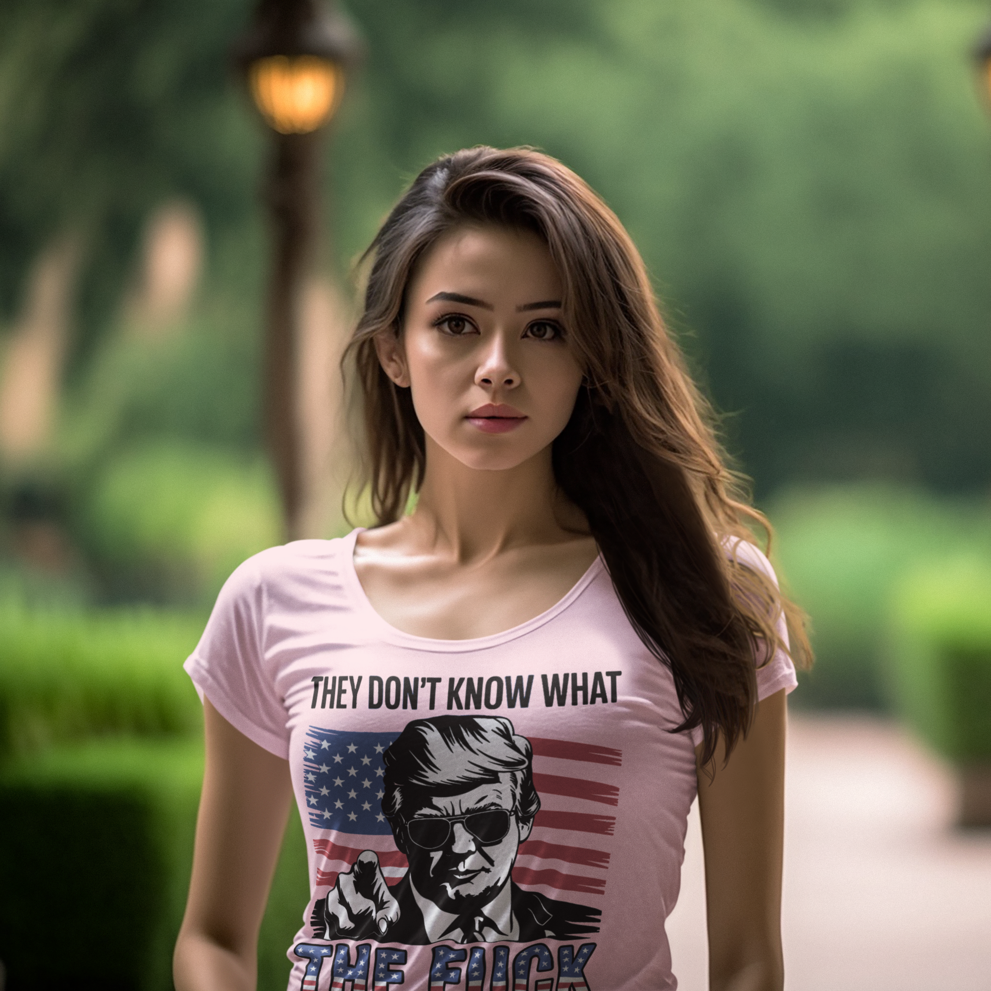 Model wearing a t-shirt with the quote 'They Don't Know What The Fuck They're Doing' during an outdoor setting.