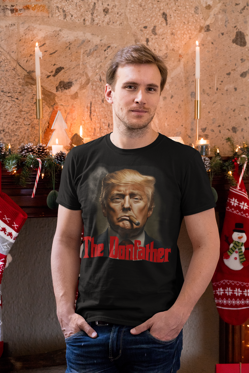A man wearing a t-shirt featuring The Donfather With Cigar Vintage Design by a festive fireplace.