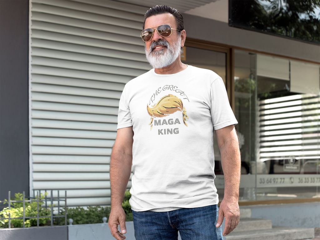 Man wearing The Great MAGA King Graphic Tee, showcasing modern political pop culture fashion outdoors.